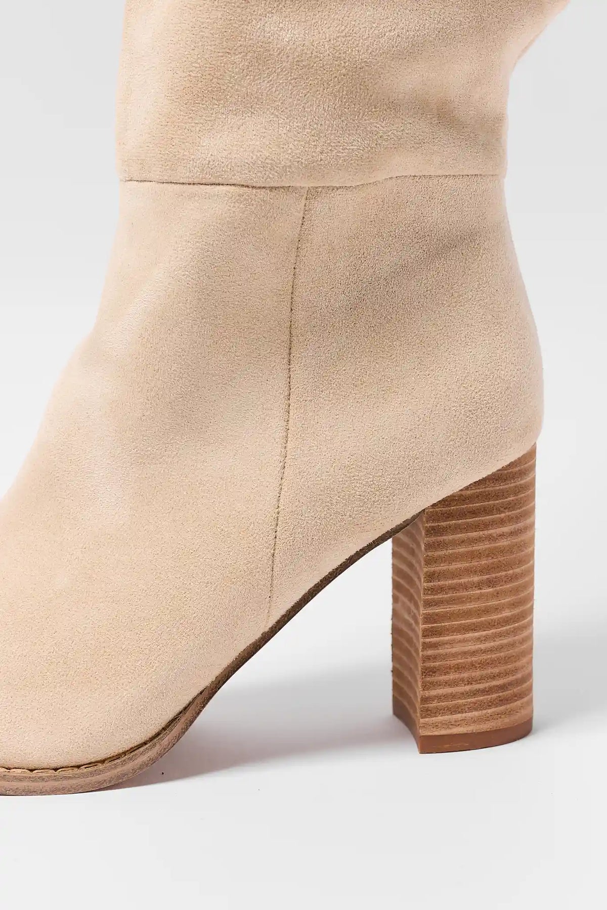 Beige Faux Suede Tall Boots - Stacked Block Heel Close-Up Detail | Avara