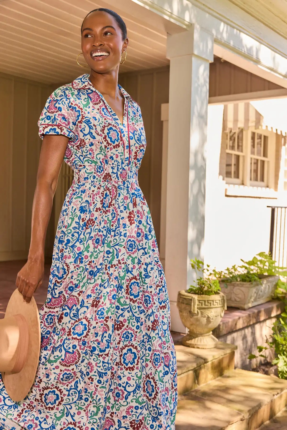 Bella White Multi Printed Midi Dress - Outdoor Lifestyle Shot | Avara