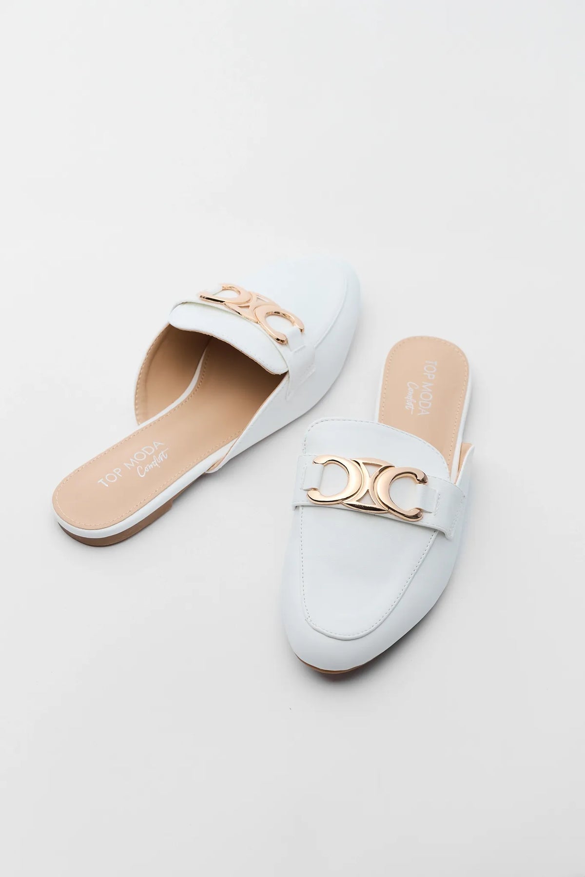 White Bellen Faux Leather Mules with Gold Hardware - Pair Flat Lay | Avara