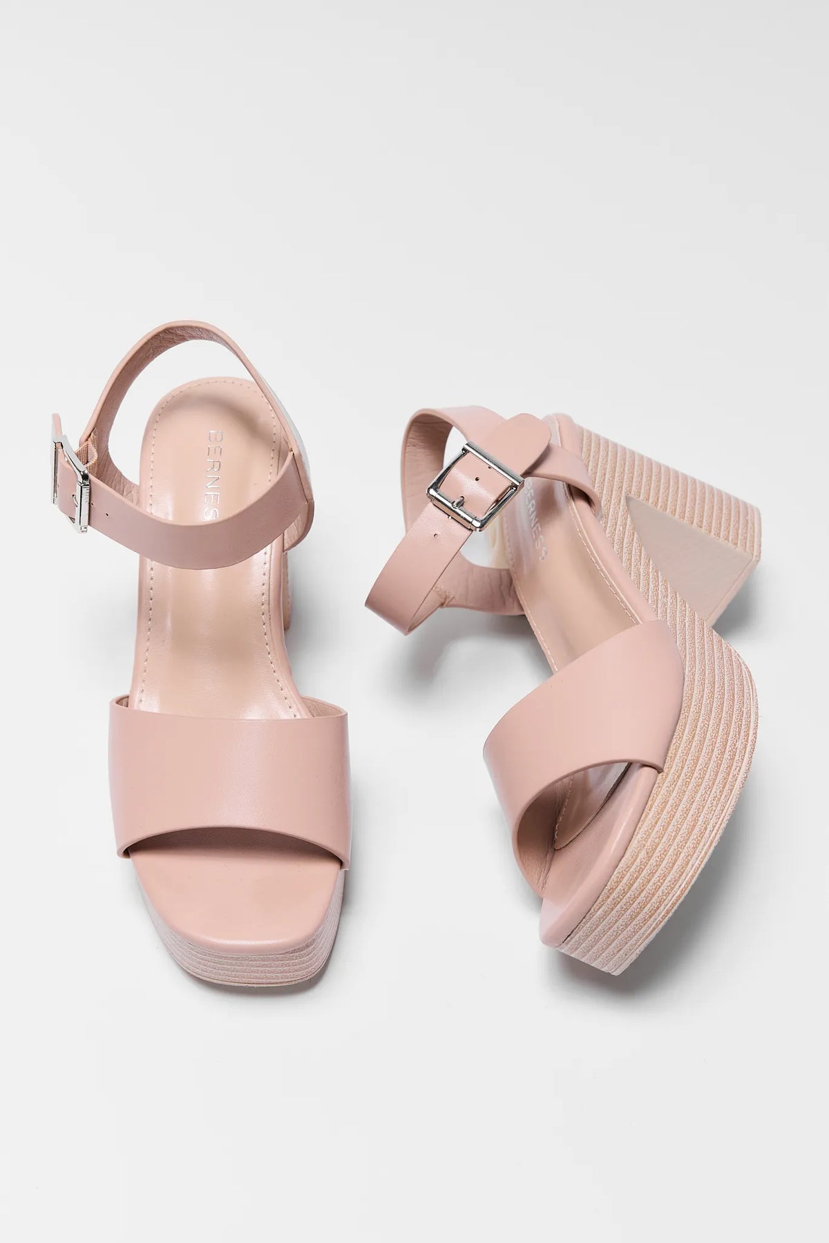 Pair of Bethany Nude Platform Heels - Top-Down View showing ankle strap and open toe | Avara