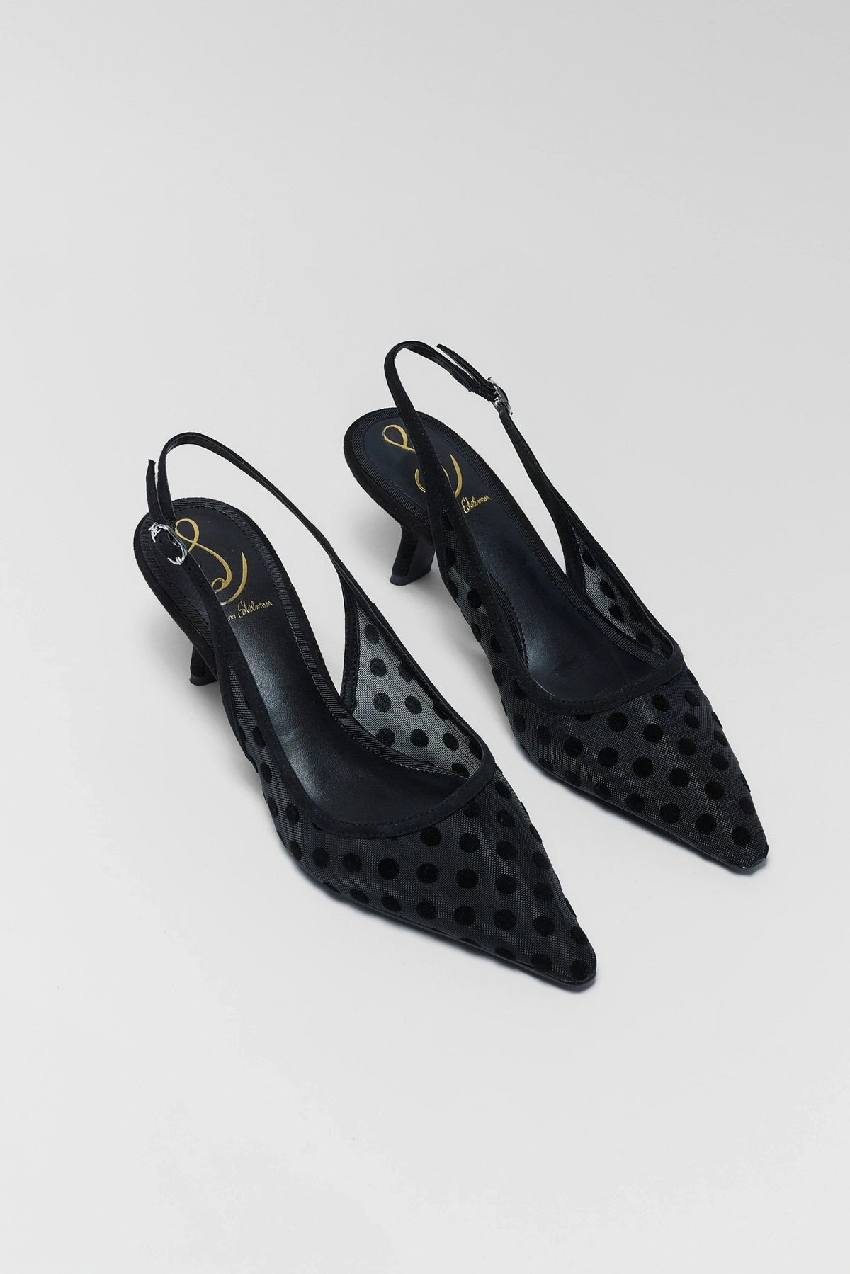 Black polka dot mesh slingback pumps - Pair Angled View, Sam Edelman Bianka kitten heel | Avara