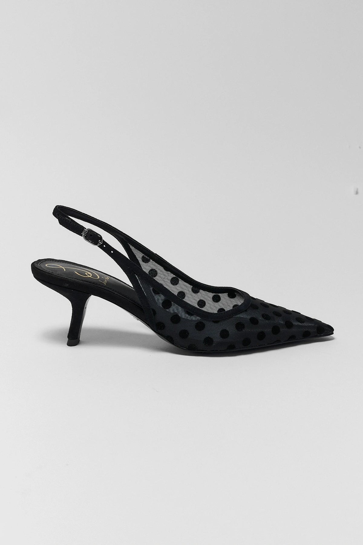 Black mesh polka dot slingback pump with kitten heel - Side Profile, Sam Edelman Bianka | Avara