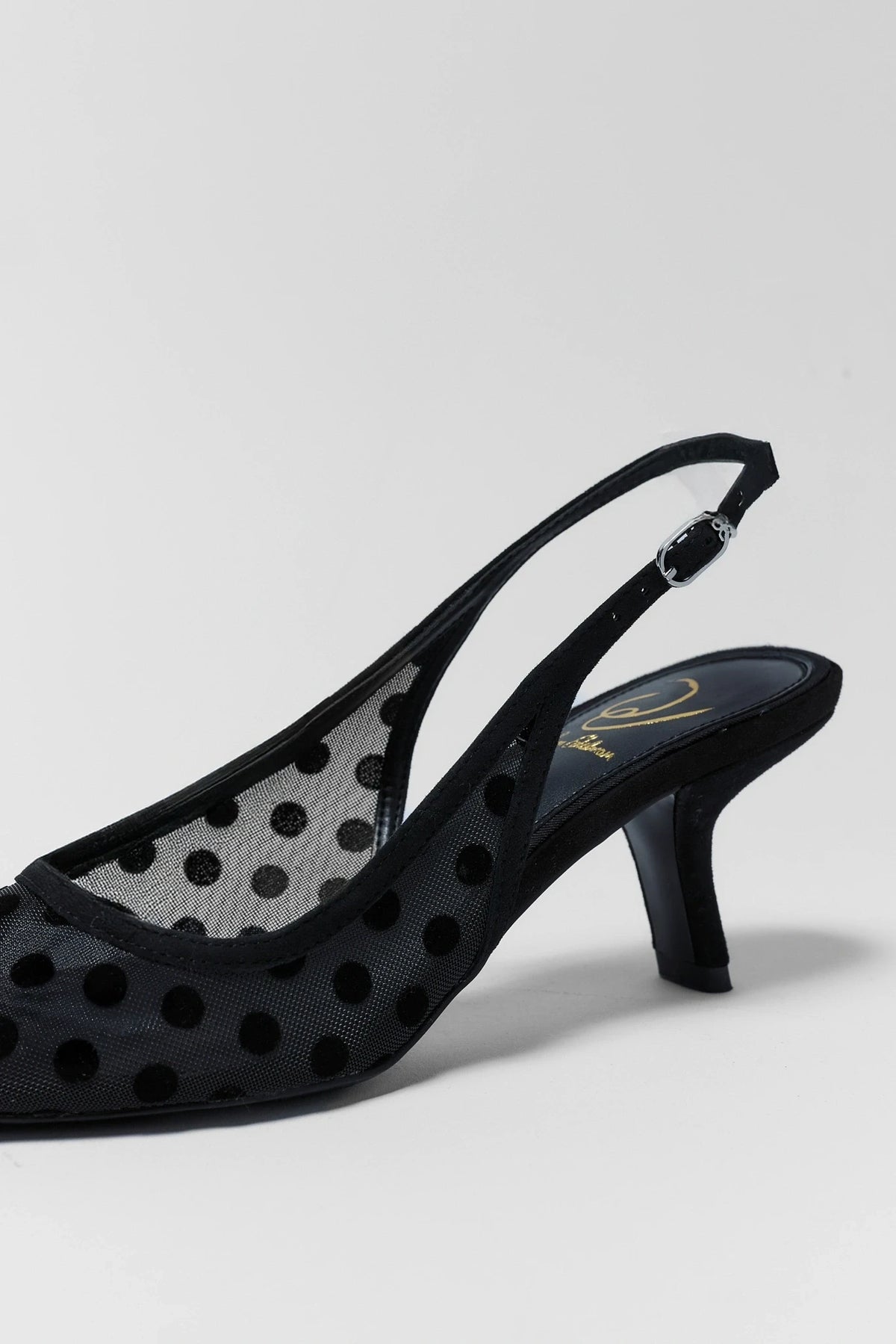 Black polka dot mesh slingback - Close-Up Heel & Strap Detail, Sam Edelman Bianka pump | Avara