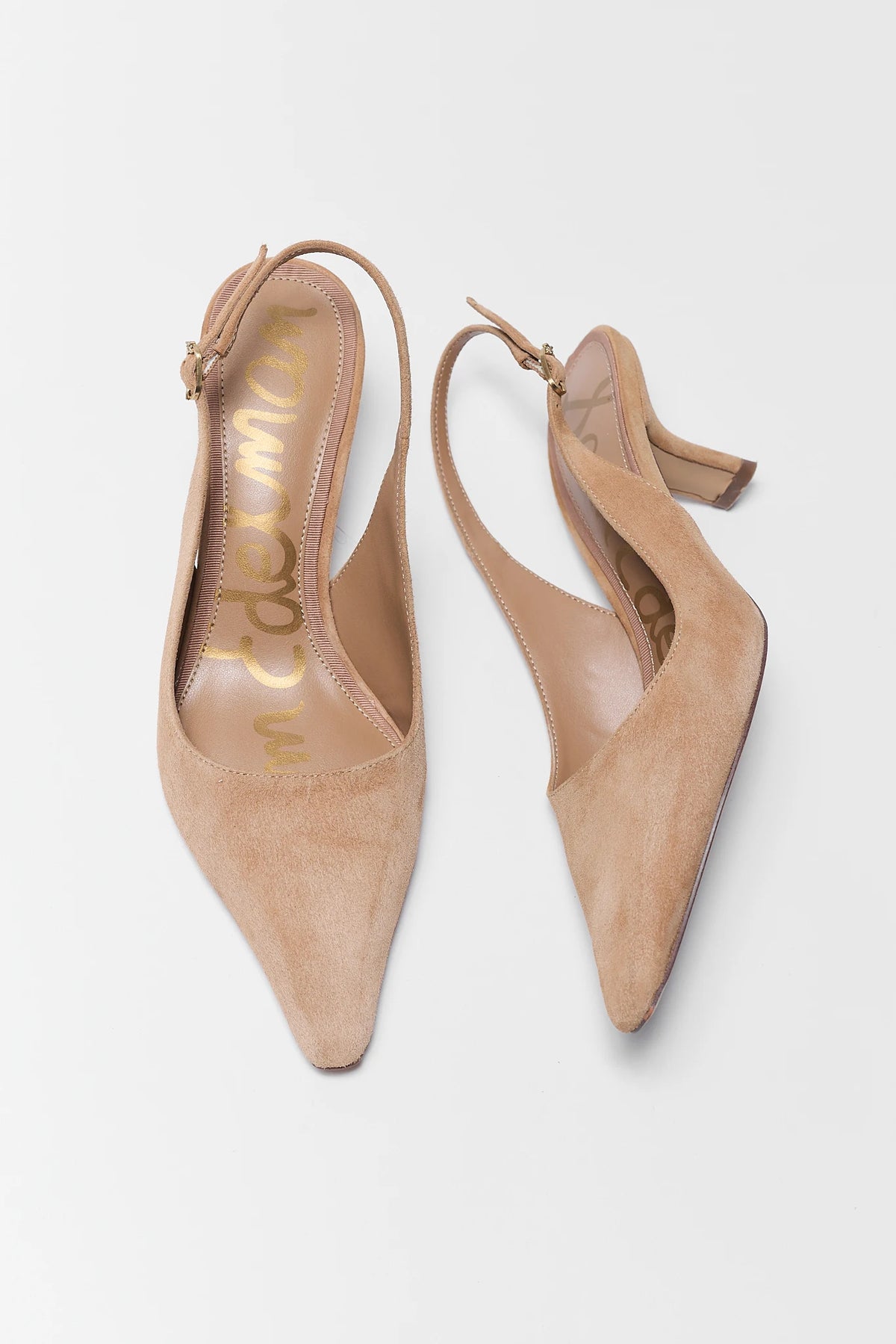 Tan Suede Slingback Kitten Heel Pumps - Top Flat Lay View | Avara