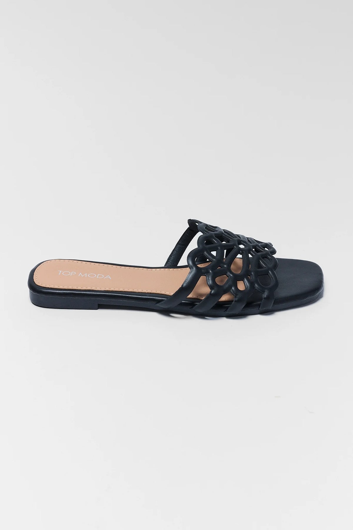 Black cutout floral slide sandal with square toe - Side Profile | Avara