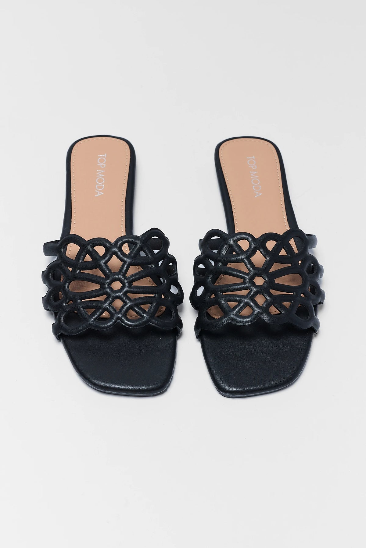Black cut out sandals for women with floral strap detail - Top Down View | Avara