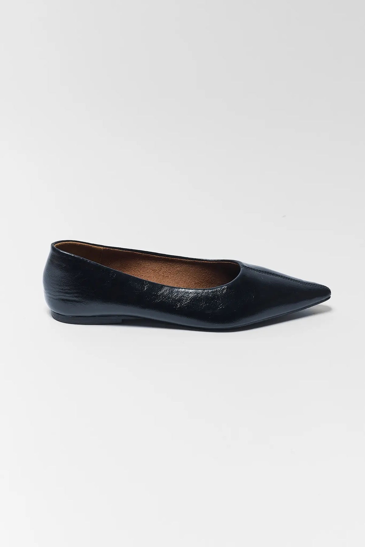 Black Faux Leather Pointed Toe Ballet Flat - Side Profile, Sleek Slip-On Silhouette | Avara