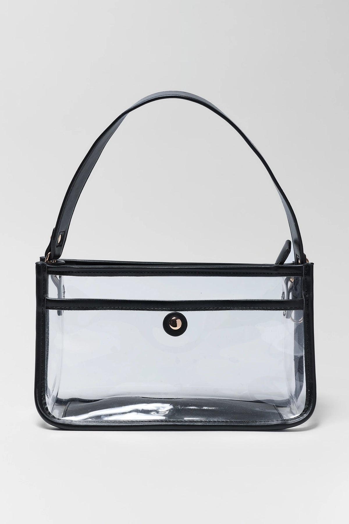 Clear vinyl stadium shoulder bag with black trim, front snap pocket, and black strap - Front View | Avara