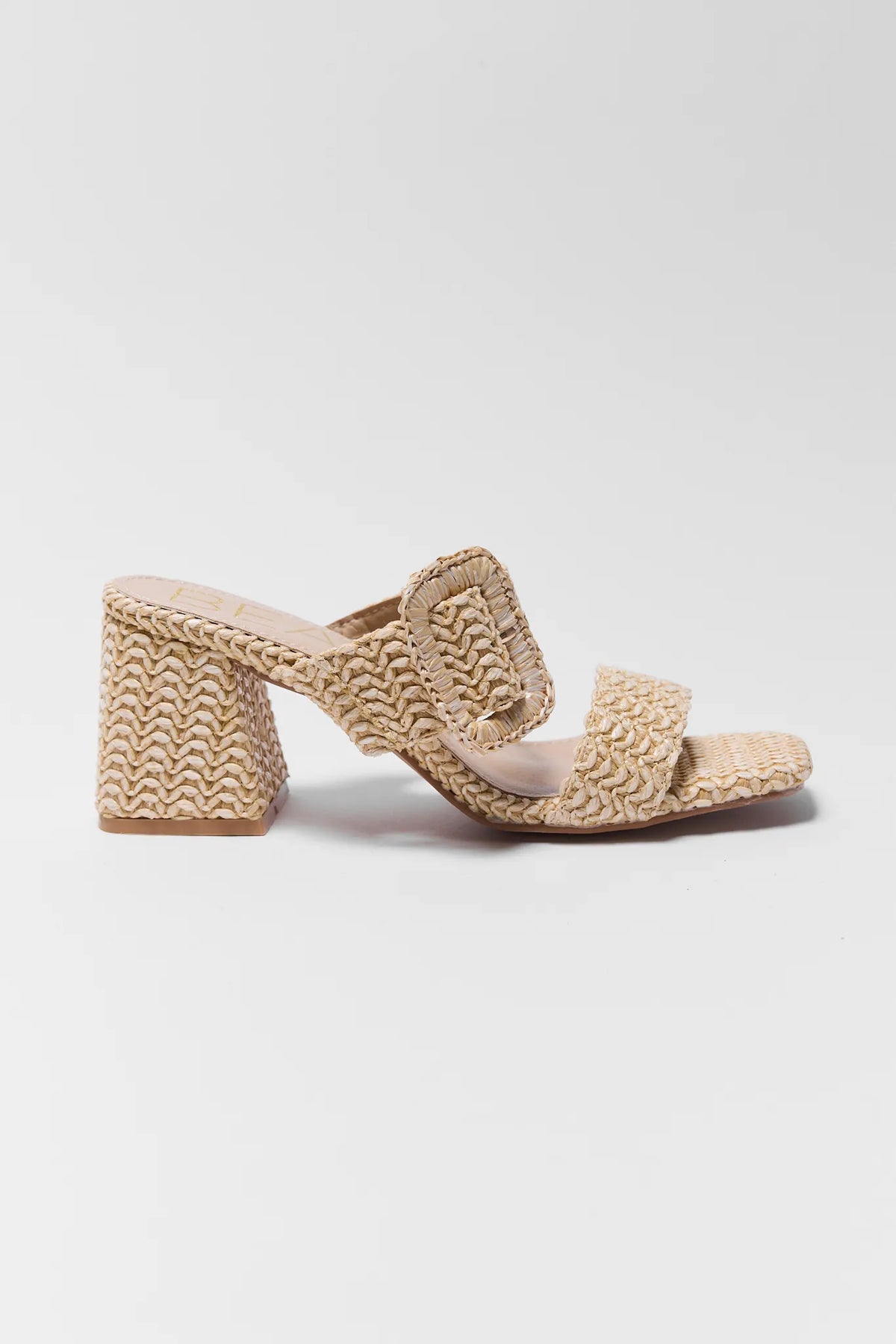 Natural raffia woven double-strap block heel mule sandal - Side Profile | Avara