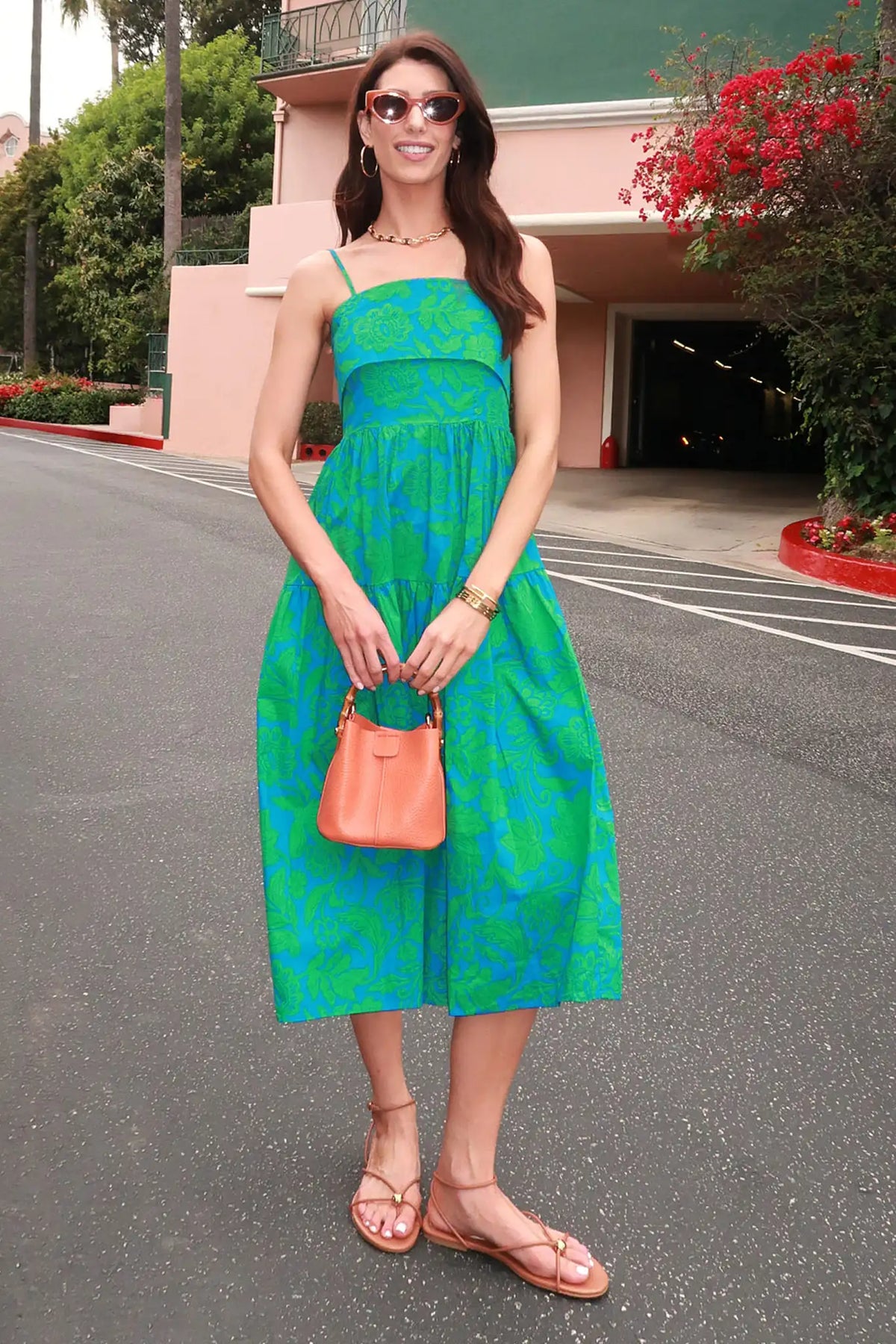 Blue Floral Print Midi Dress - Outdoor Styled Look with Sandals and Mini Bag | Avara