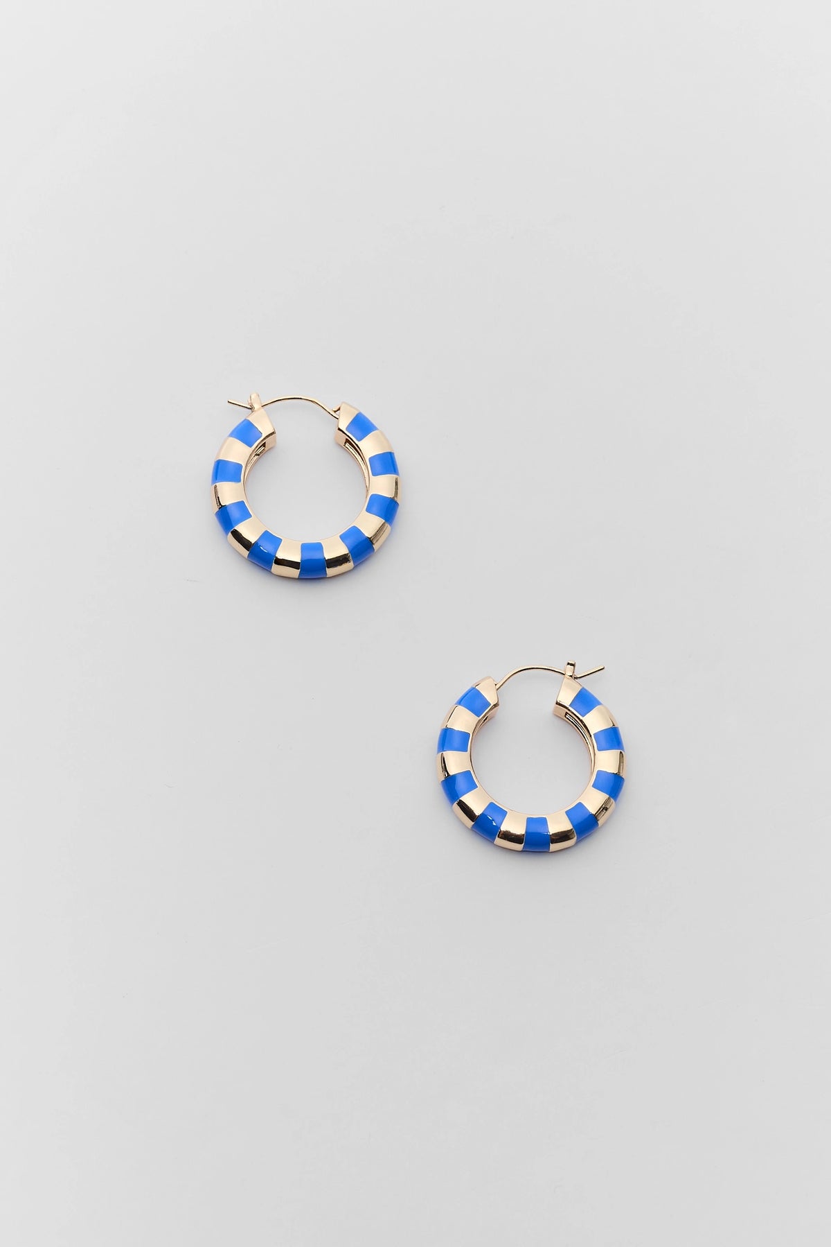 Blue and gold striped enamel hoop earrings - Flat Lay, pair shown | Avara