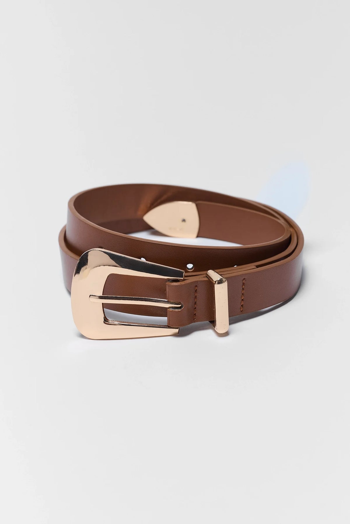 Brown Faux Leather Belt with gold-tone buckle, coiled flat lay view | Avara