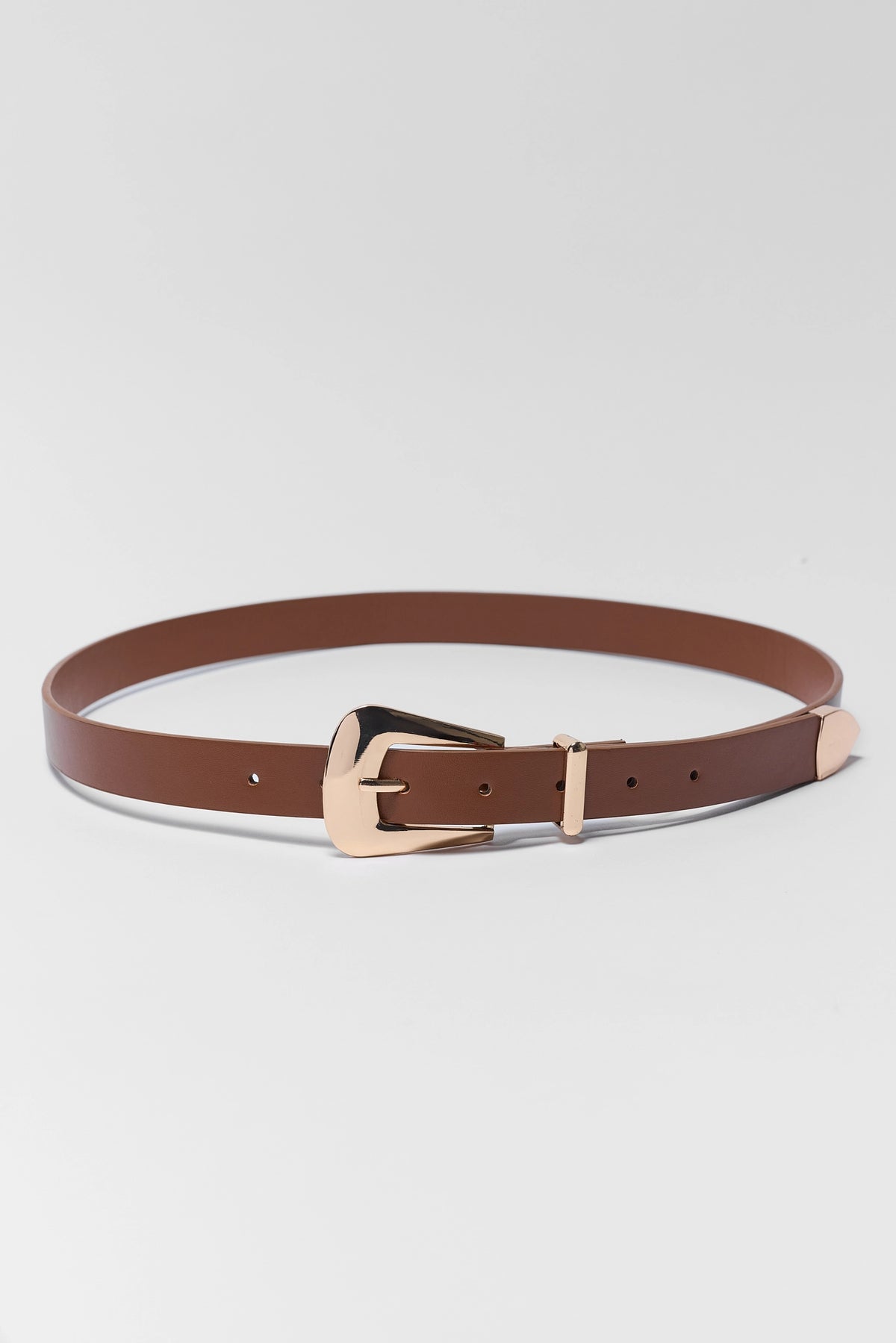 Boston Brown Faux Leather Belt with gold-tone buckle and tip hardware, flat lay studio view | Avara