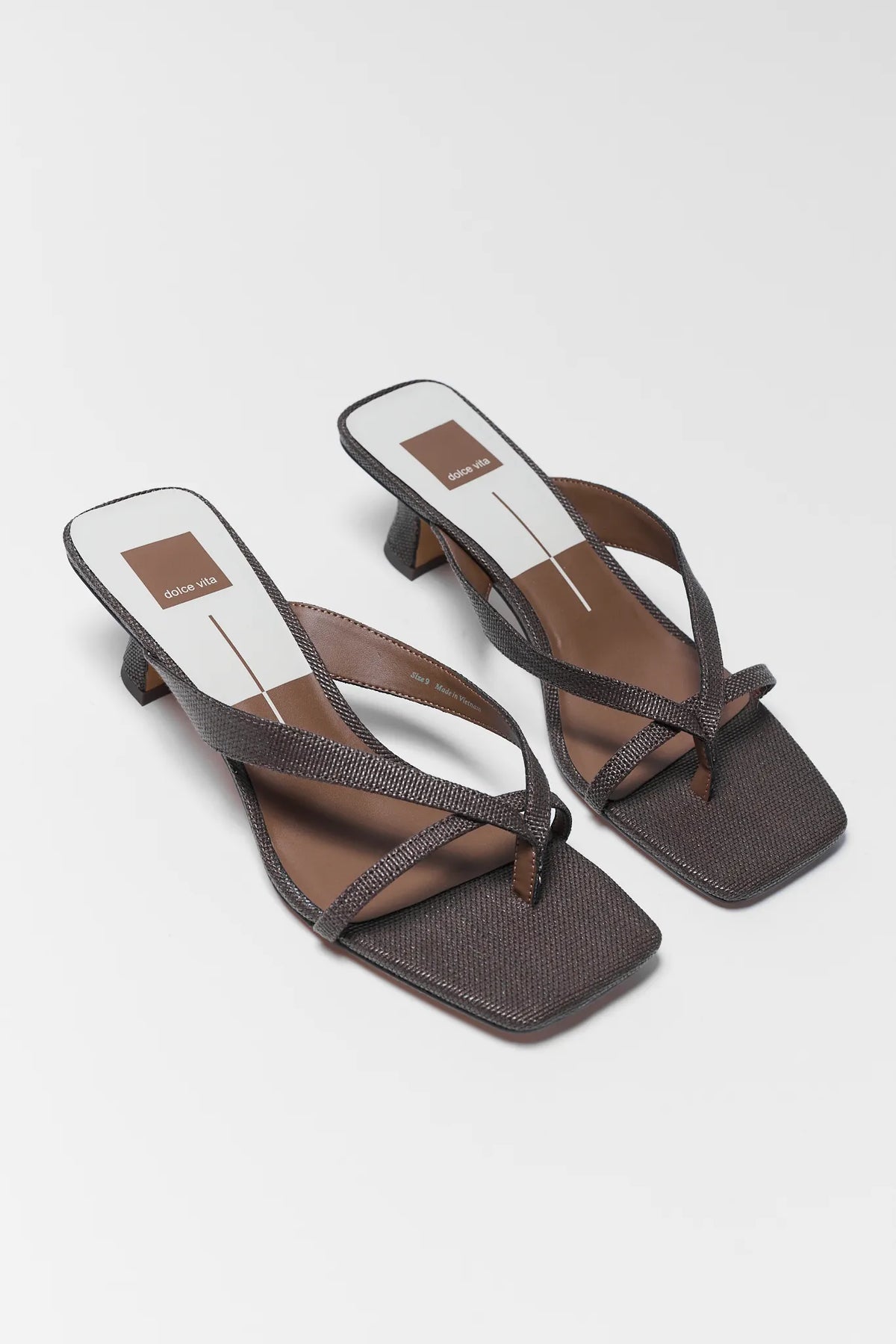 Dolce Vita Brevel Chocolate Raffia Kitten Heel Sandals - Angled Pair View | Avara