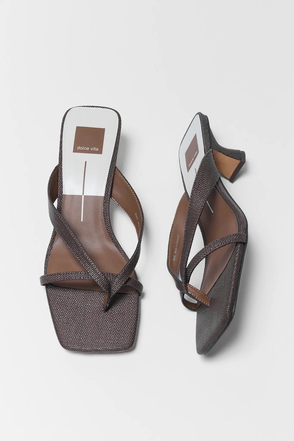 Dolce Vita Brevel Brown Raffia Kitten Heel Sandals - Top View Pair | Avara