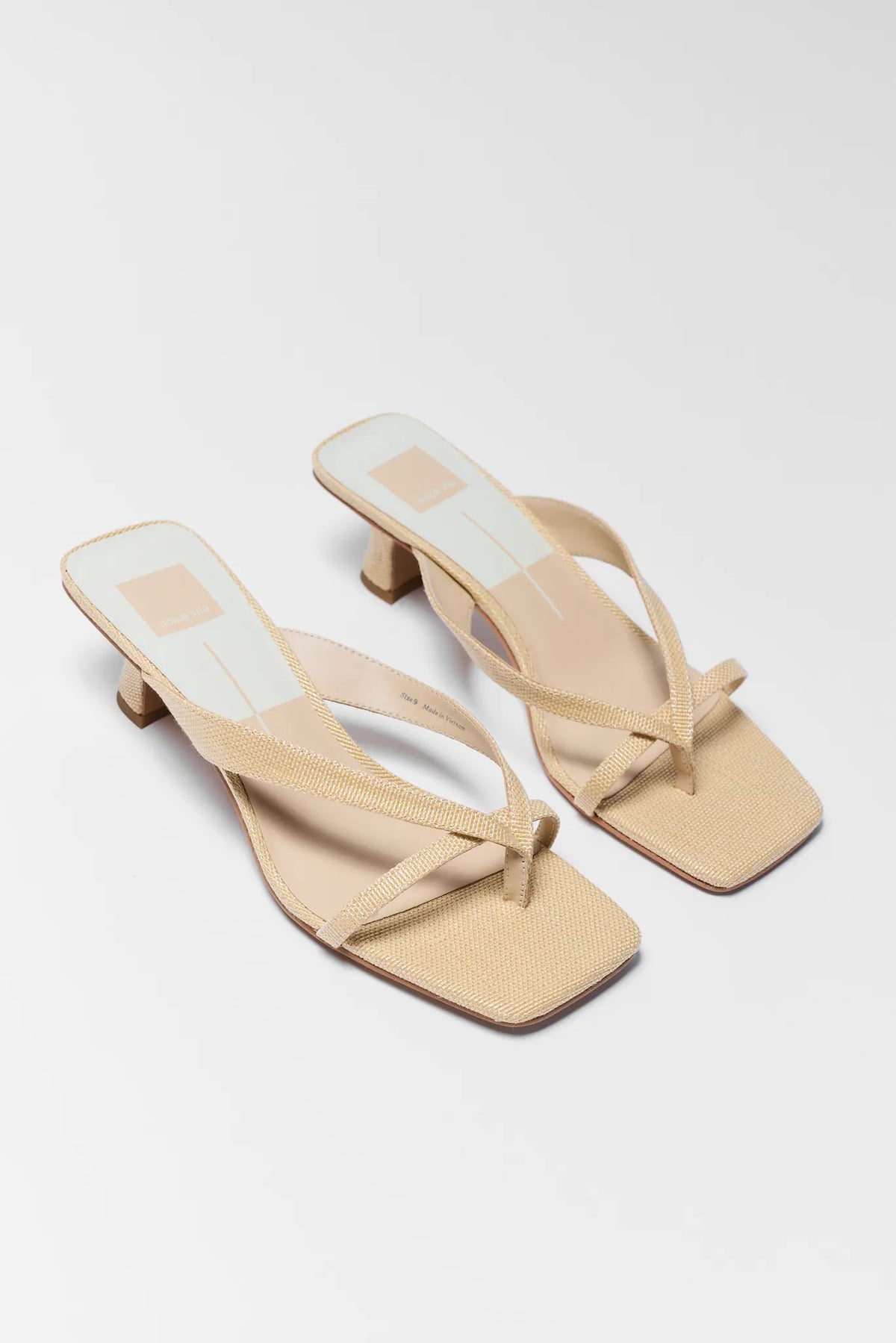 Natural Raffia Dolce Vita Brevel Tan Kitten Heel Sandals - Pair Angled View | Avara