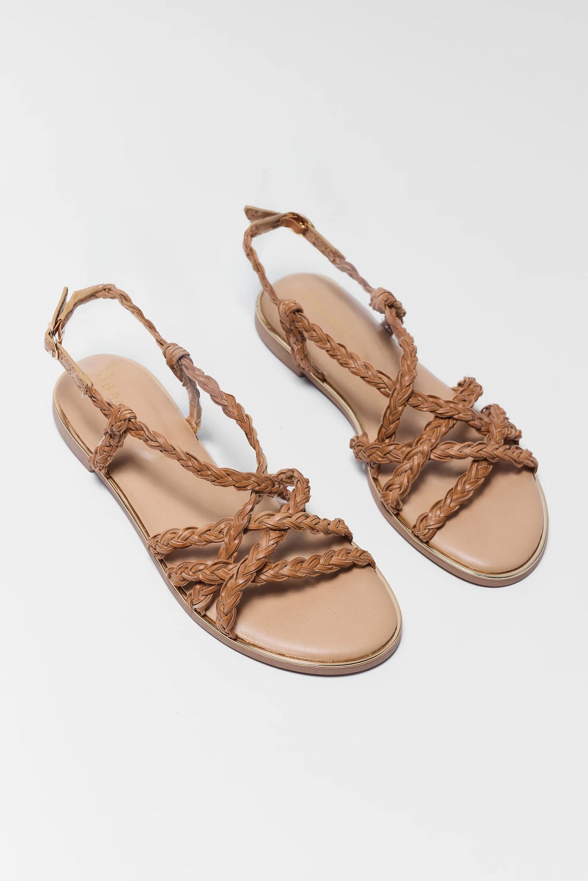 Brown Braided Strappy Sandals - Pair Angled View with Gold Trim Detail | Avara