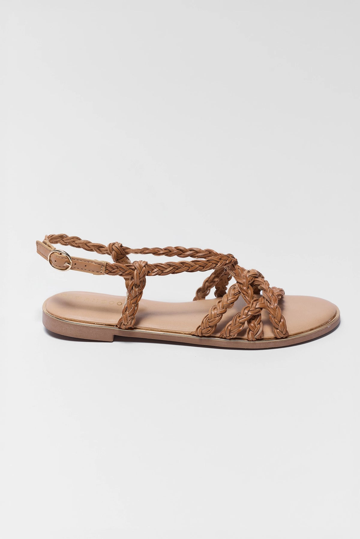 Brown Braided Strappy Sandal - Side Profile with Ankle Buckle Strap | Avara