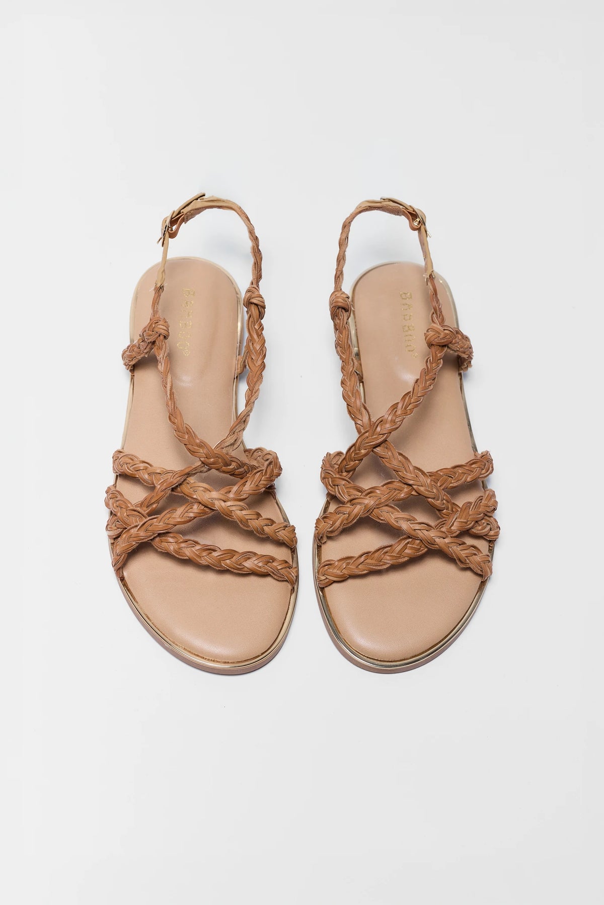 Brown Braided Strappy Sandals - Top-Down Pair View Showing Crossover Strap Pattern | Avara