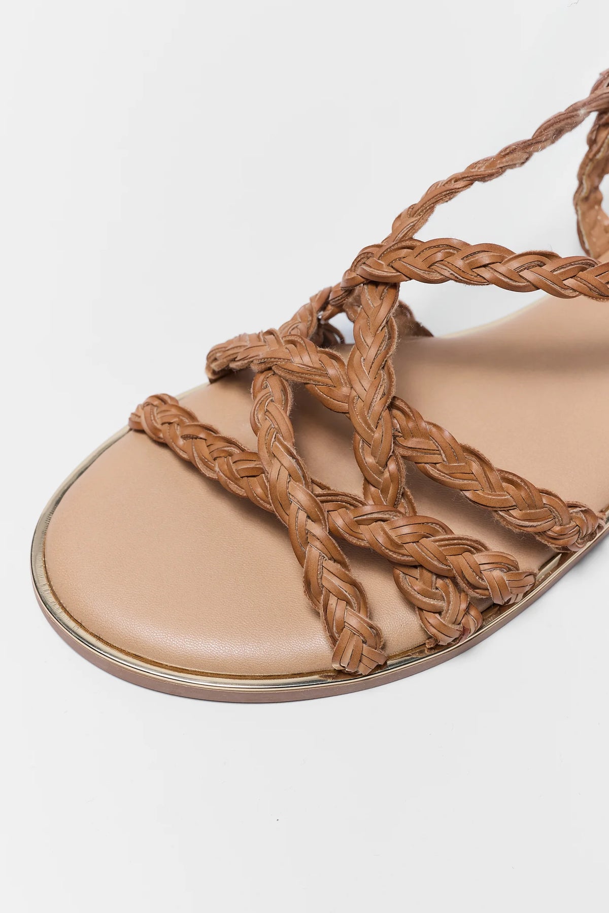 Brown Braided Strappy Sandals - Close-Up Toe Strap Detail with Gold Sole Edge | Avara