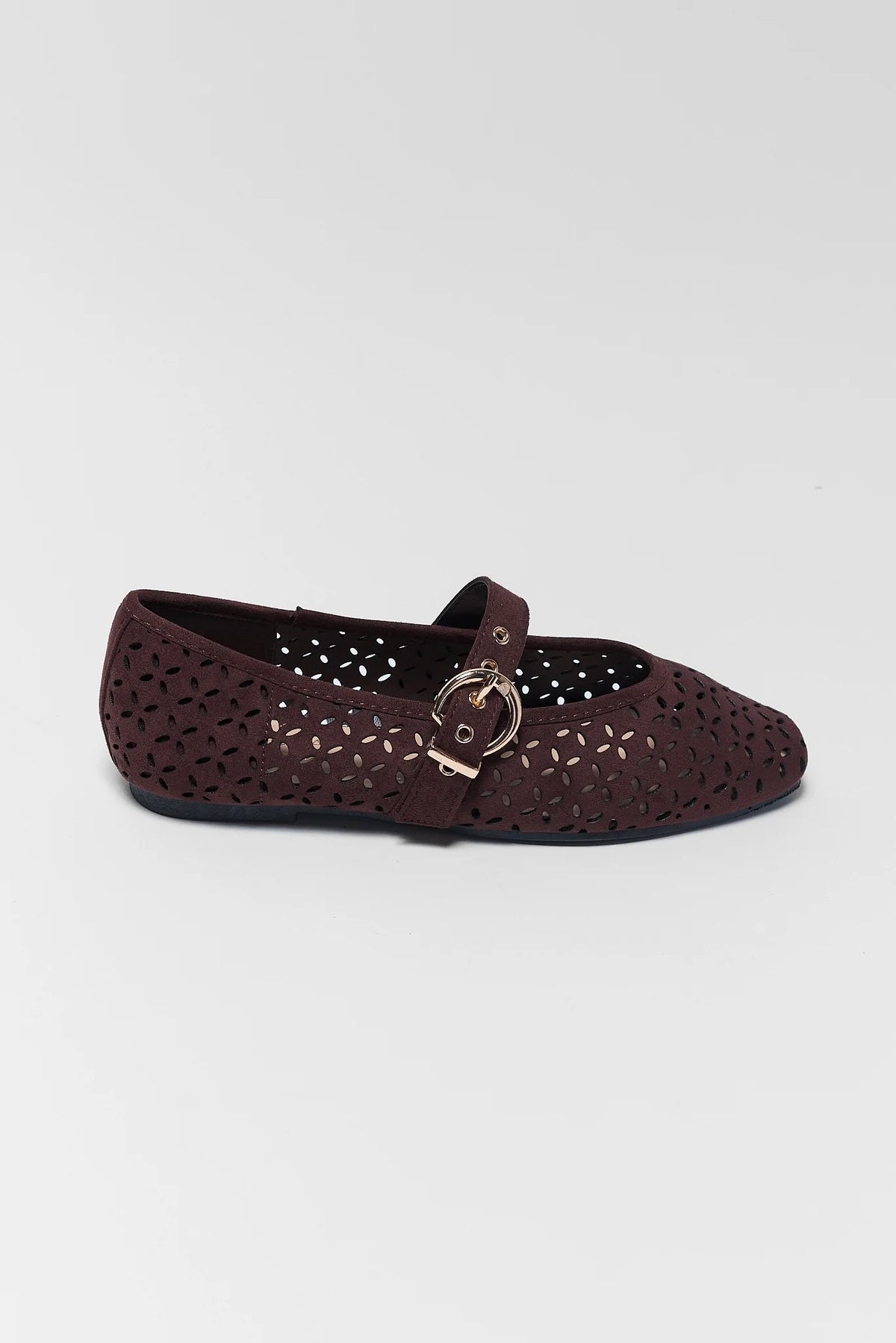 Dark Brown Faux Suede Ballet Flat with cutout floral upper and gold buckle strap - Side Profile | Avara