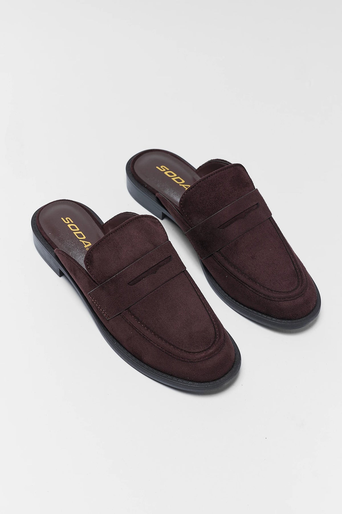 Brown Faux Suede Loafer Mules - Top-Down Pair Flat Lay | Avara
