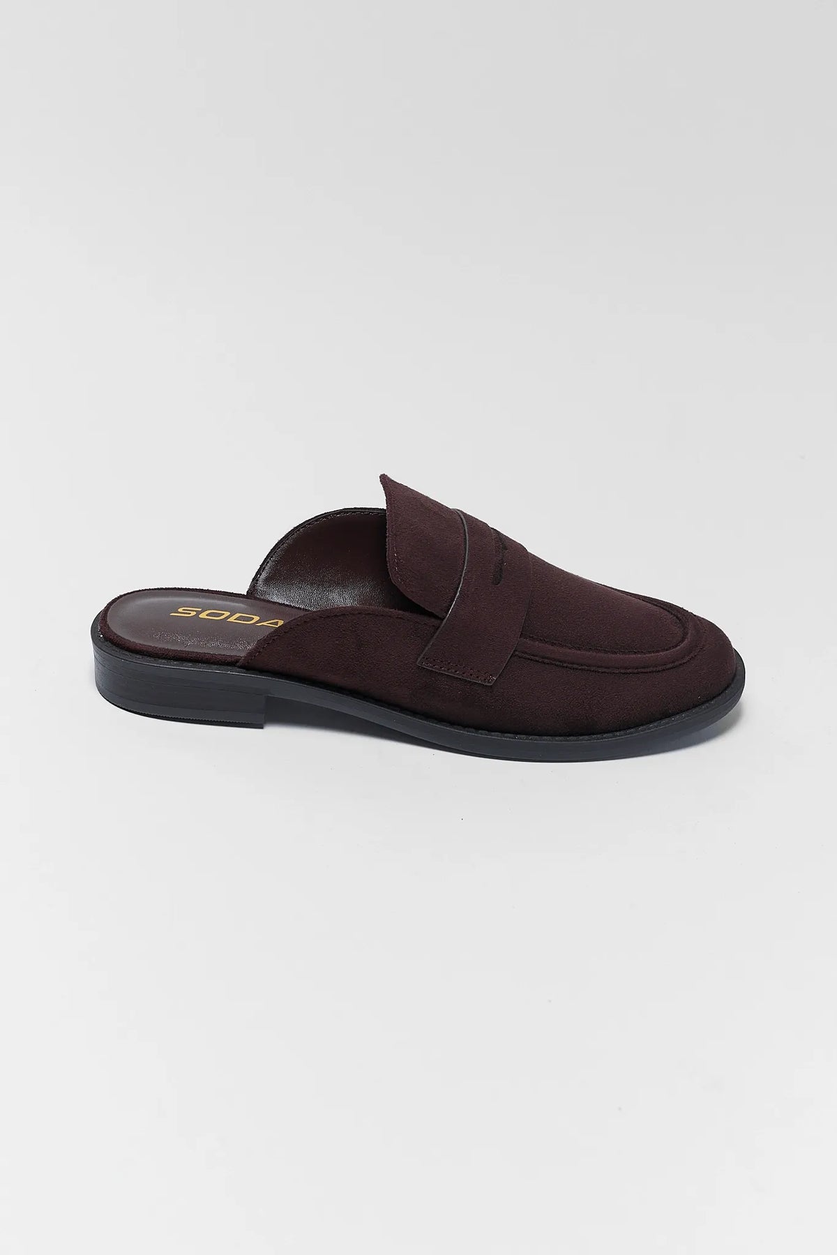Brown Faux Suede Loafer Mule - Side Profile View | Avara