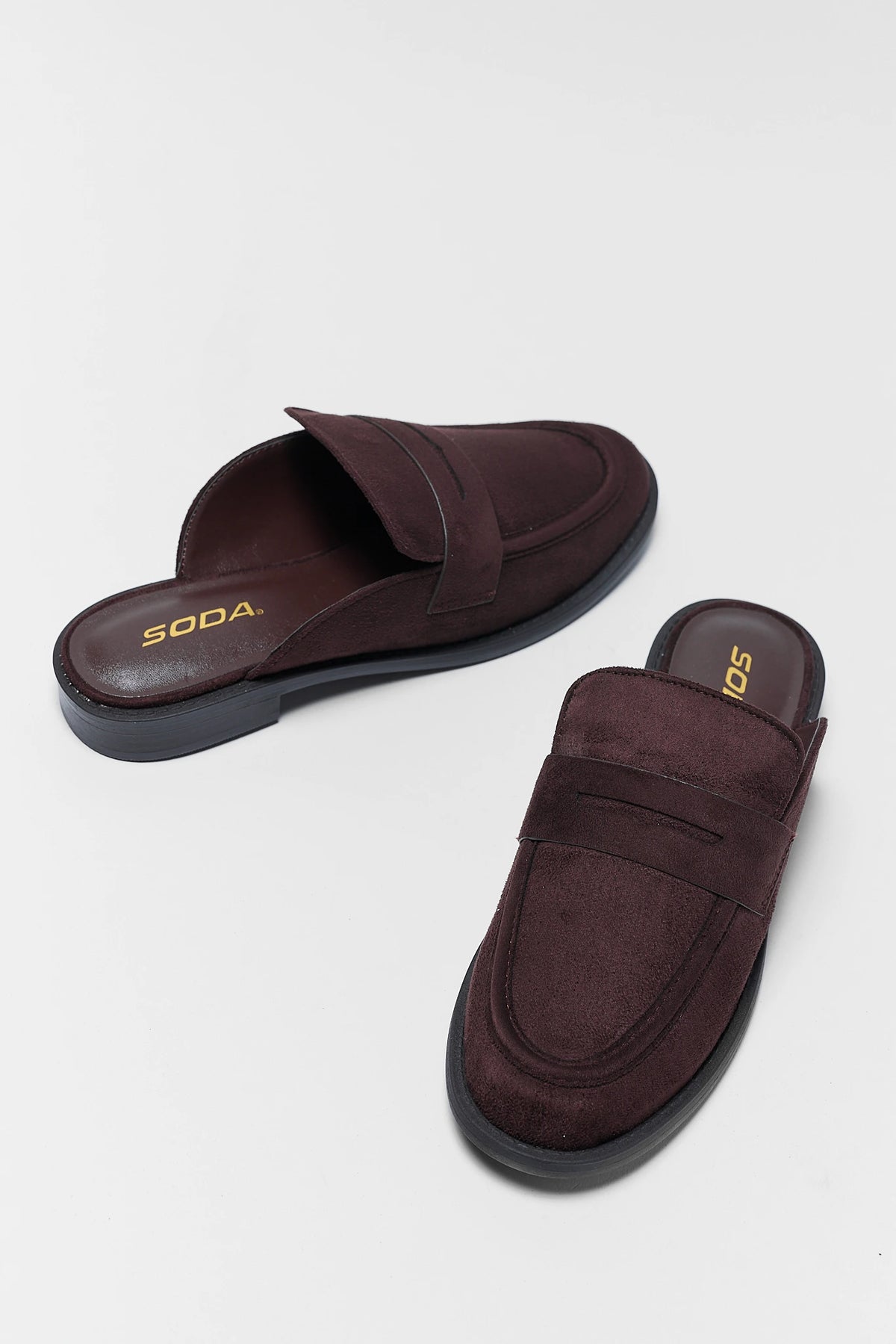 Brown Faux Suede Loafer Mule - Pair Overhead & Side View | Avara