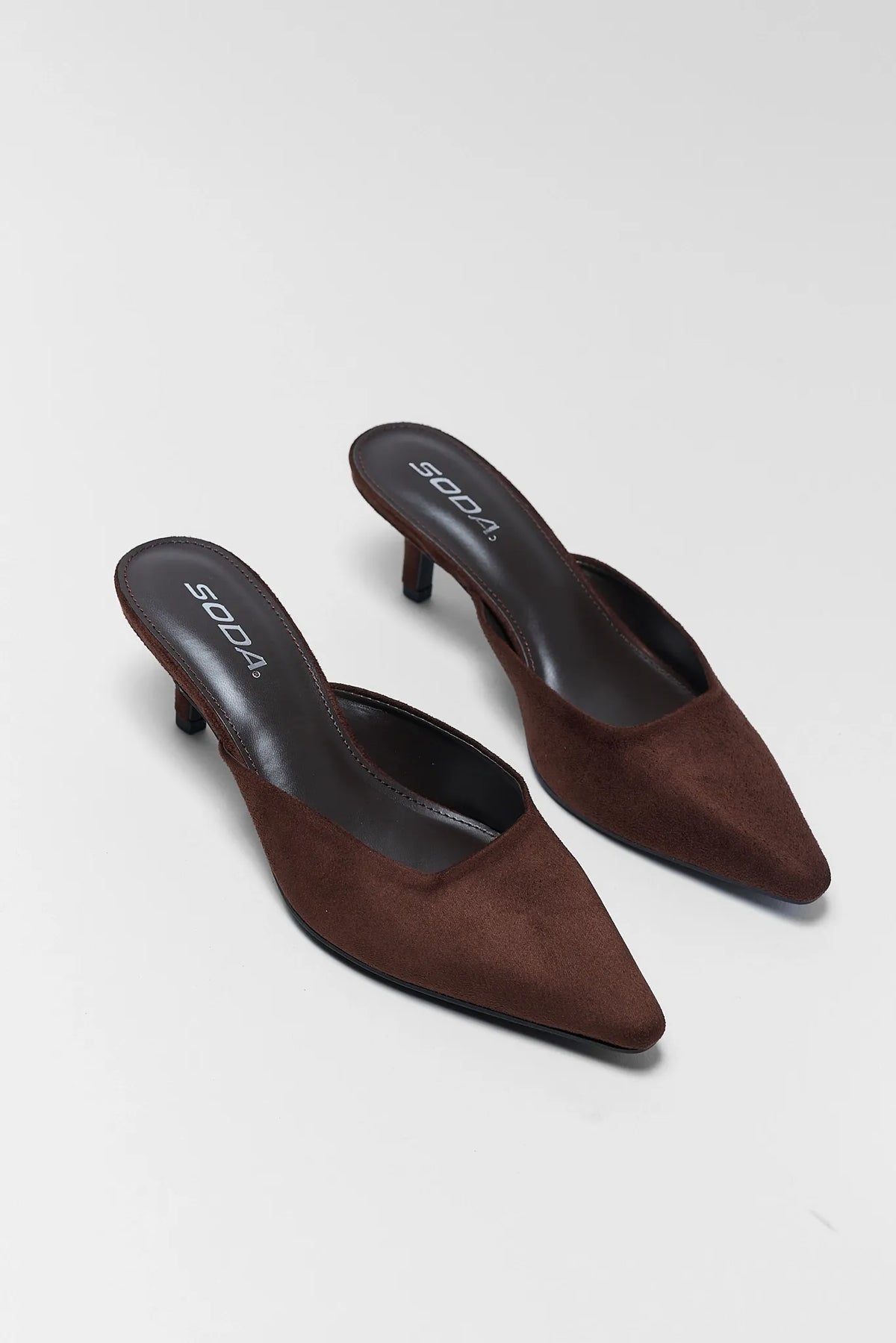 Brown Faux Suede Mule Kitten Heel - Pair Front Angle, Open Back Mule Style | Avara