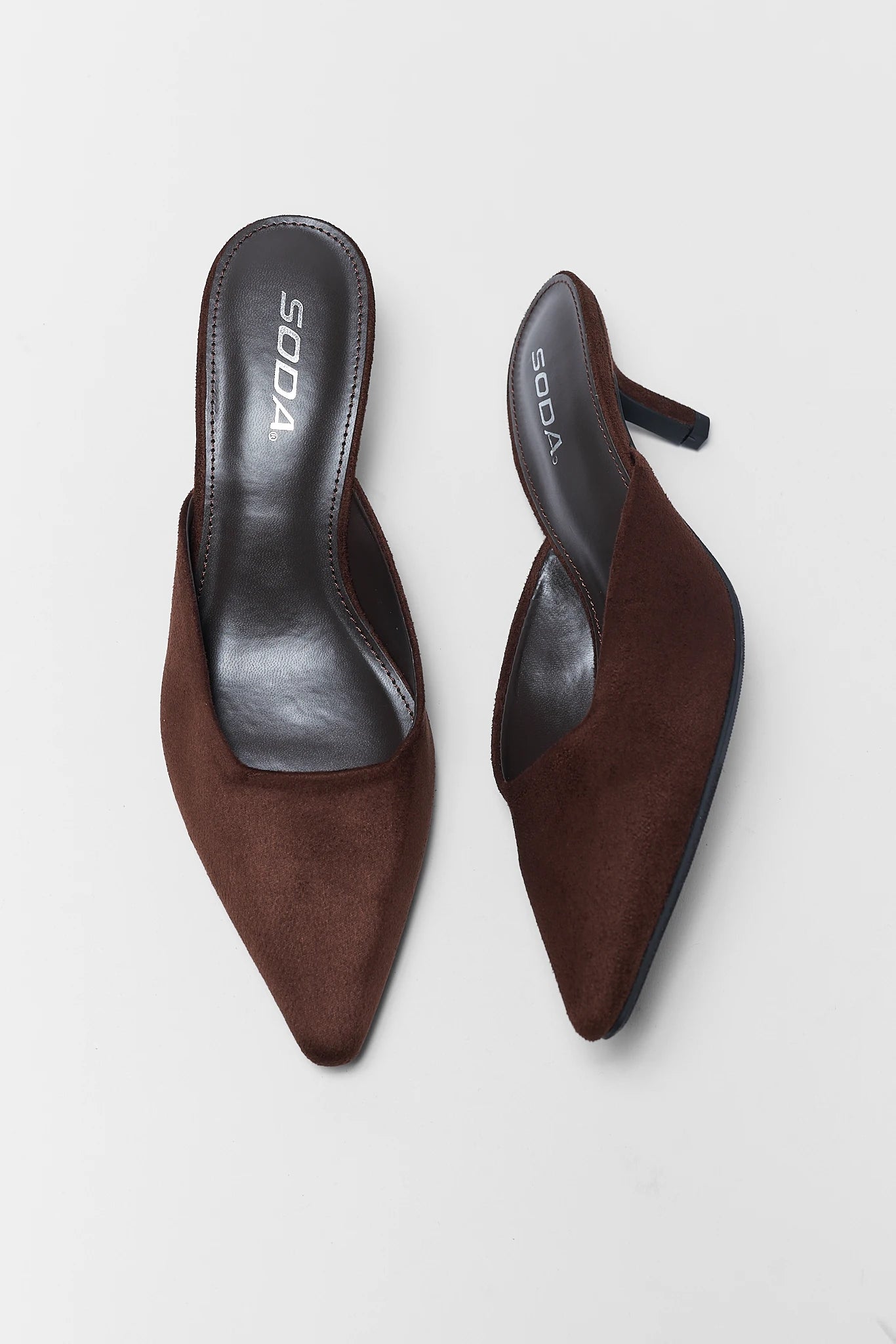 Brown Faux Suede Mule Kitten Heel - Top View Flat Lay, Pointed Toe | Avara