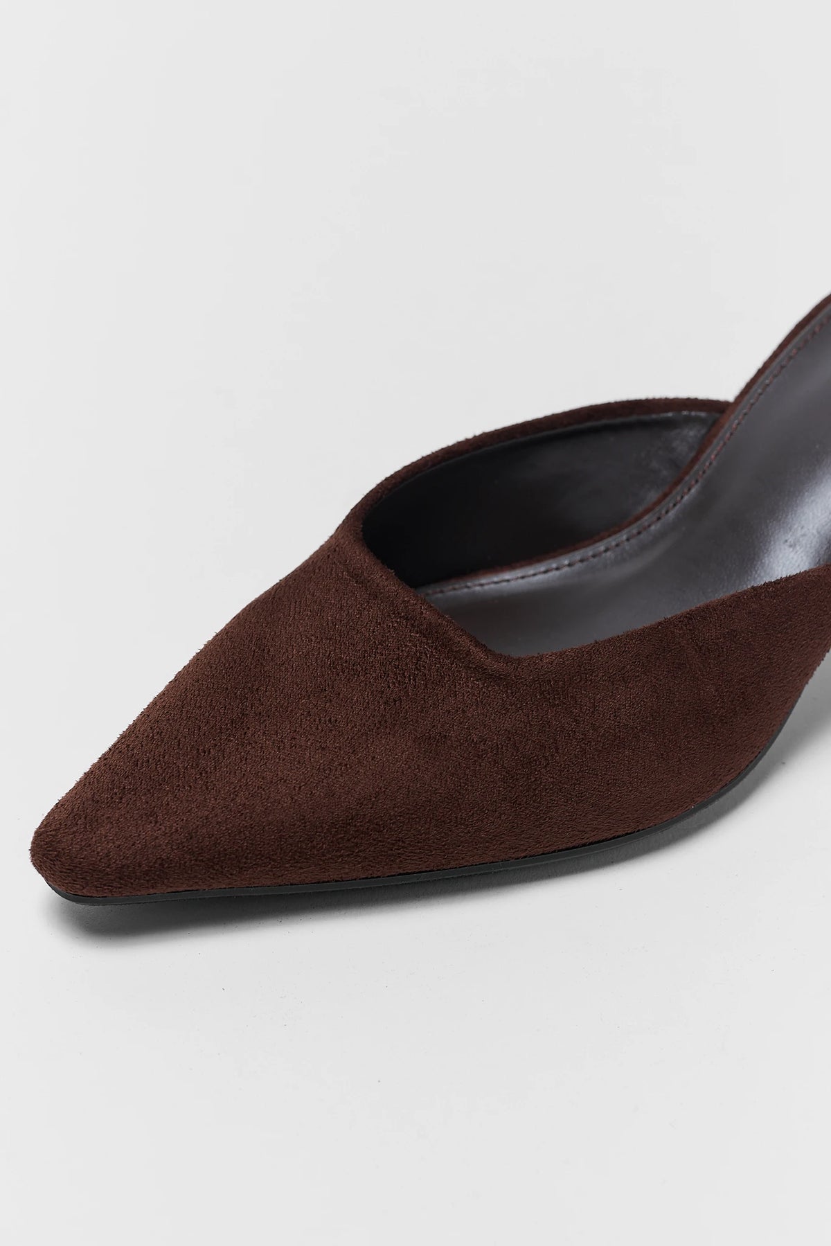 Brown Faux Suede Mule Kitten Heel - Pointed Toe & Suede Texture Close-Up | Avara