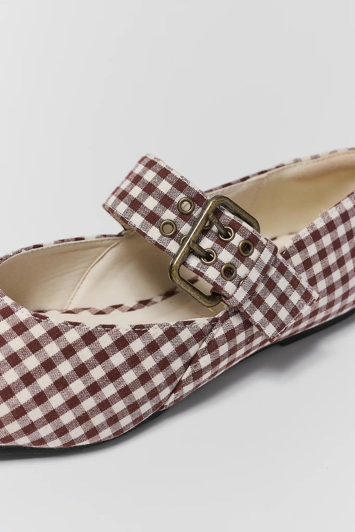Brown Gingham Ballet Flat - Antique Gold Buckle Strap Close-Up | Avara