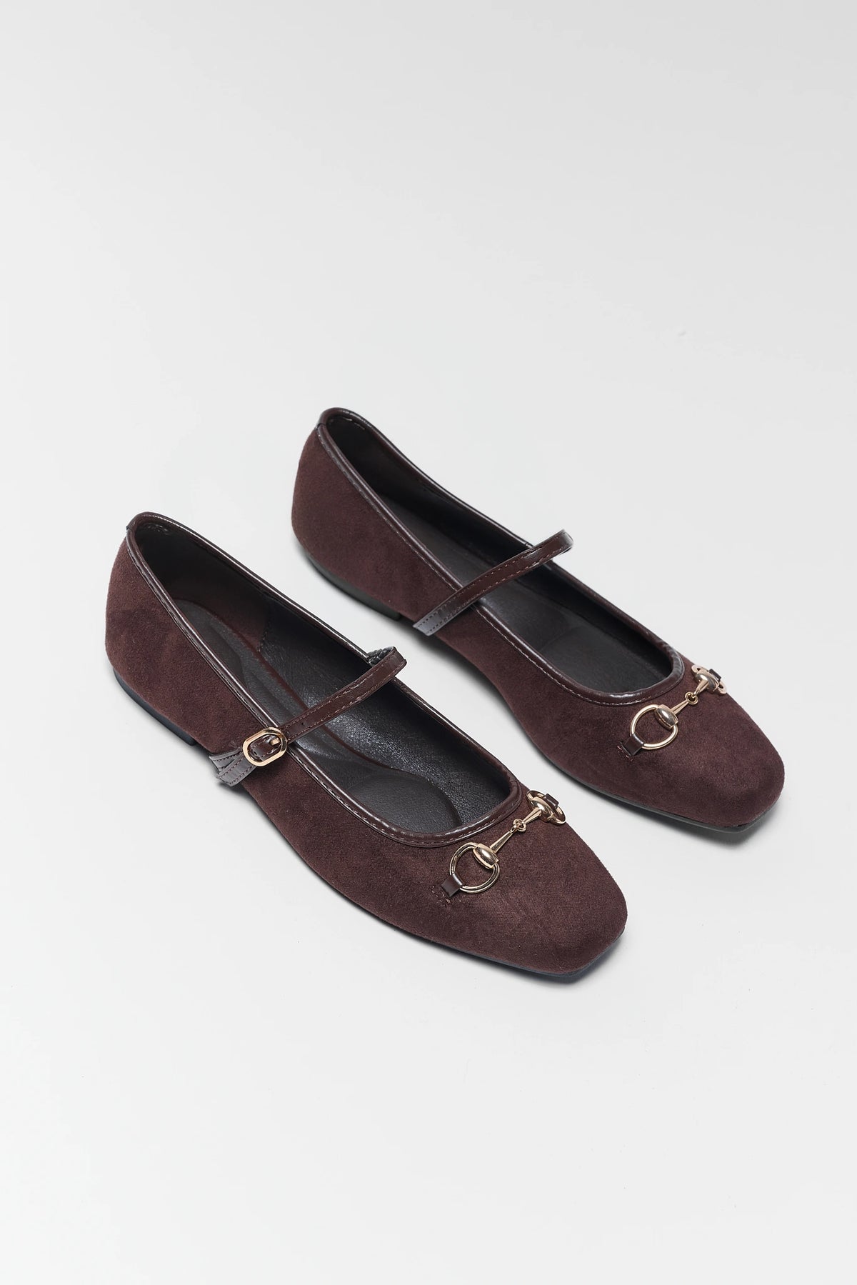 Brown Faux Suede Horsebit Ballet Flats - Angled Pair Flat Lay | Avara