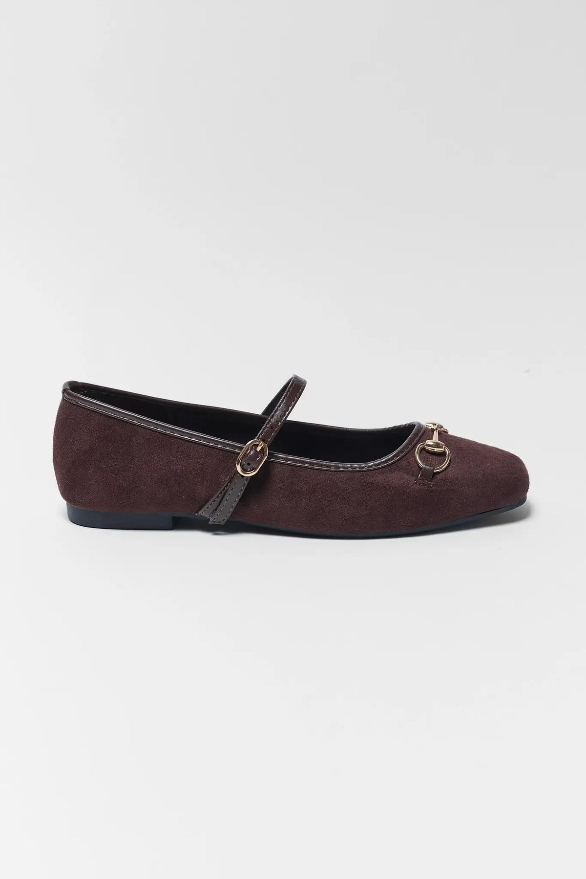 Brown Faux Suede Horsebit Ballet Flat - Side Profile View | Avara