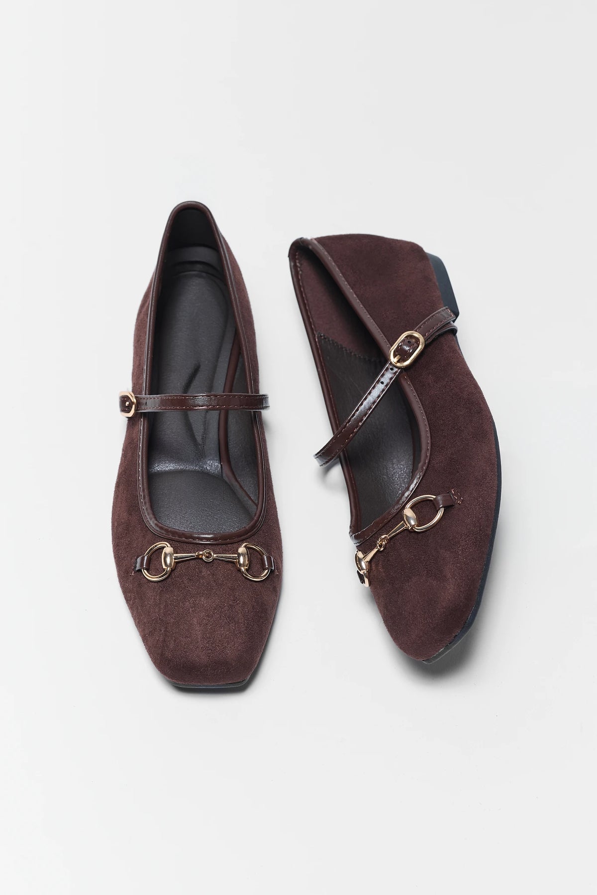 Brown Faux Suede Horsebit Ballet Flats - Top Down Flat Lay, Pair | Avara