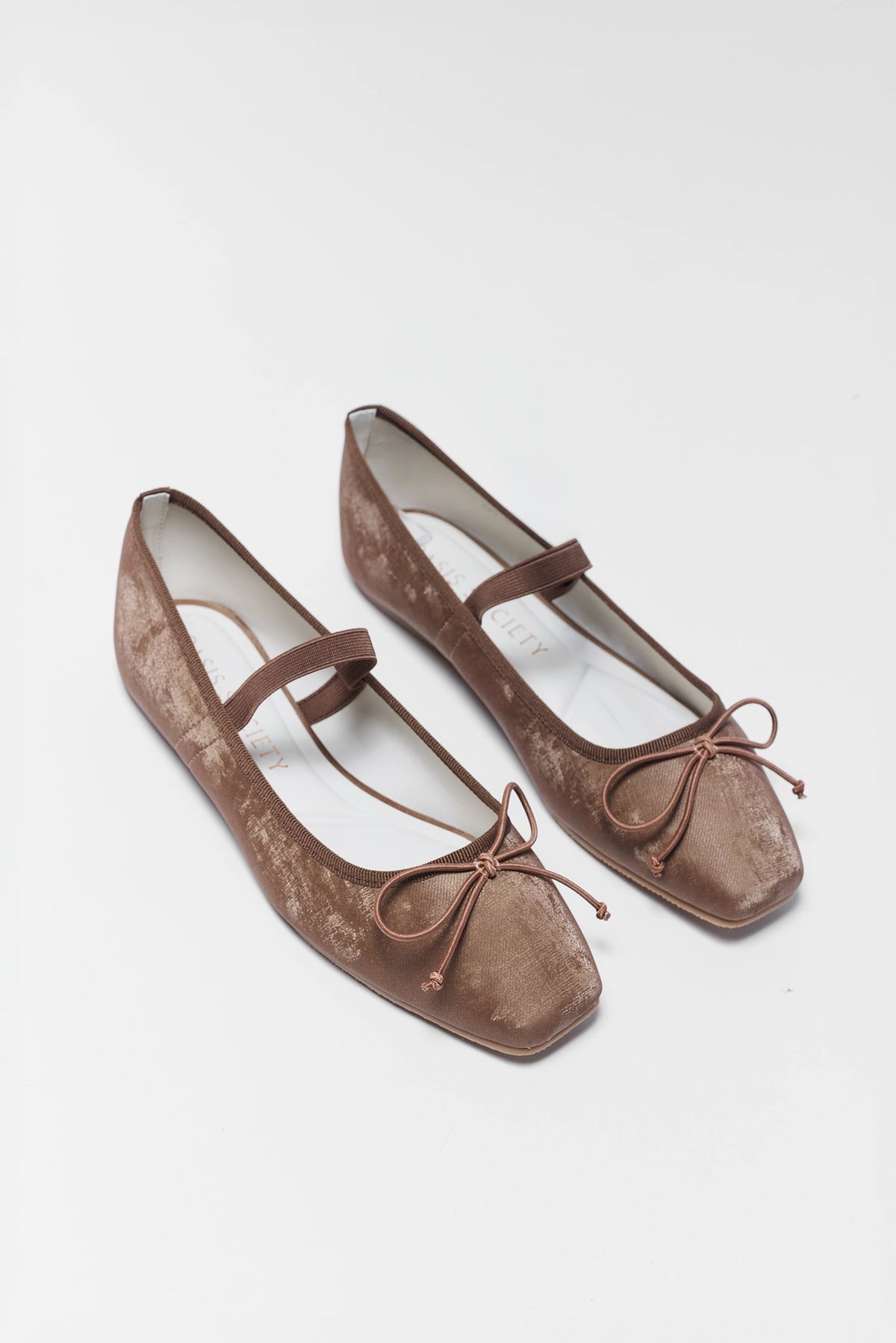 Brown Velvet Ballet Flats - Angled Flat Lay Pair View | Avara