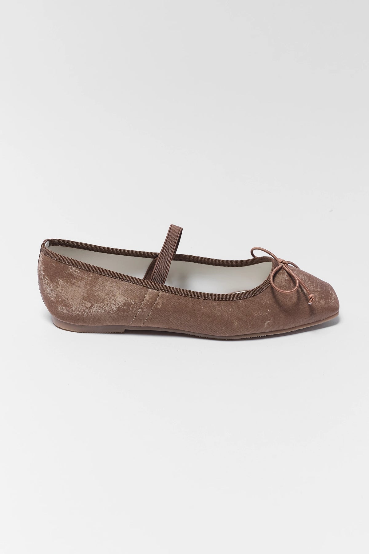 Brown Velvet Ballet Flats - Side Profile with Elastic Strap | Avara