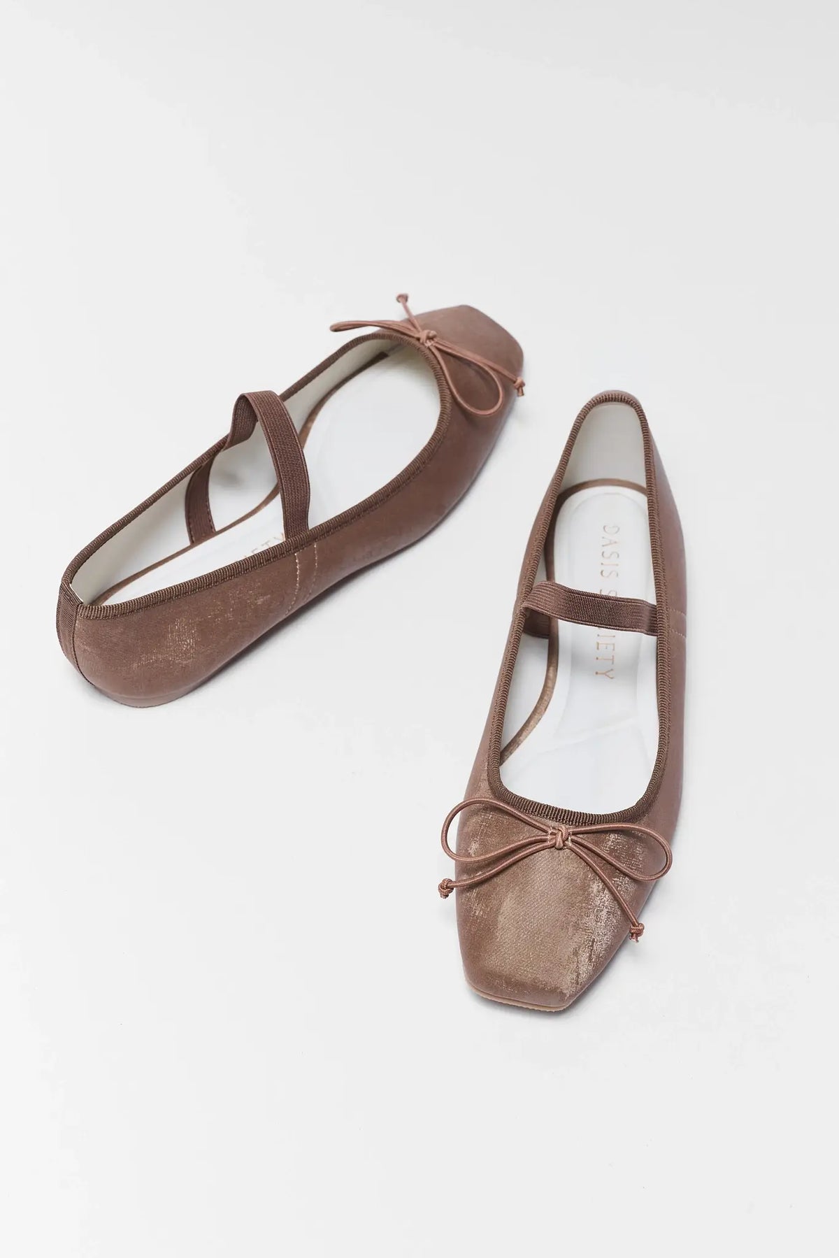 Brown Velvet Ballet Flats - Overhead Pair View with Bow Detail | Avara