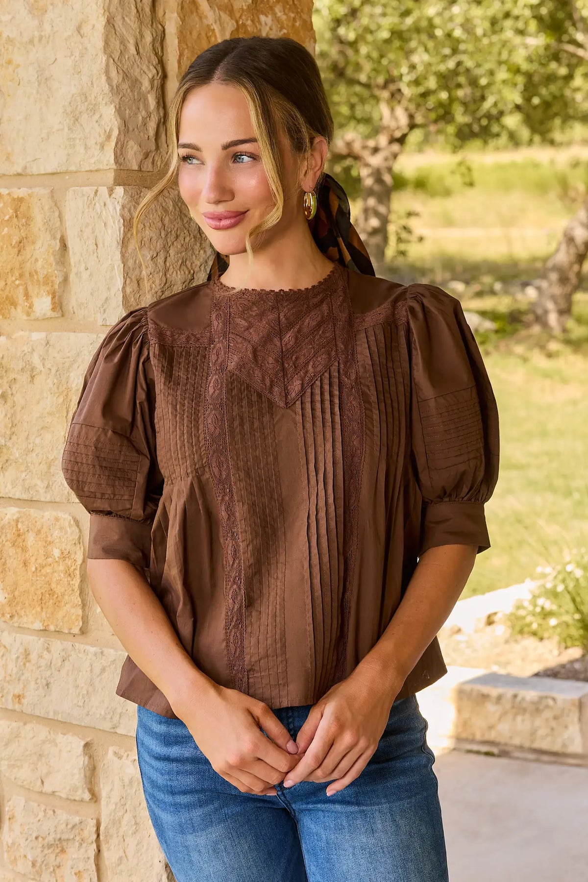 Brown Lace Detail Pleated Puff Sleeve Top - On Model Outdoor Front View | Avara