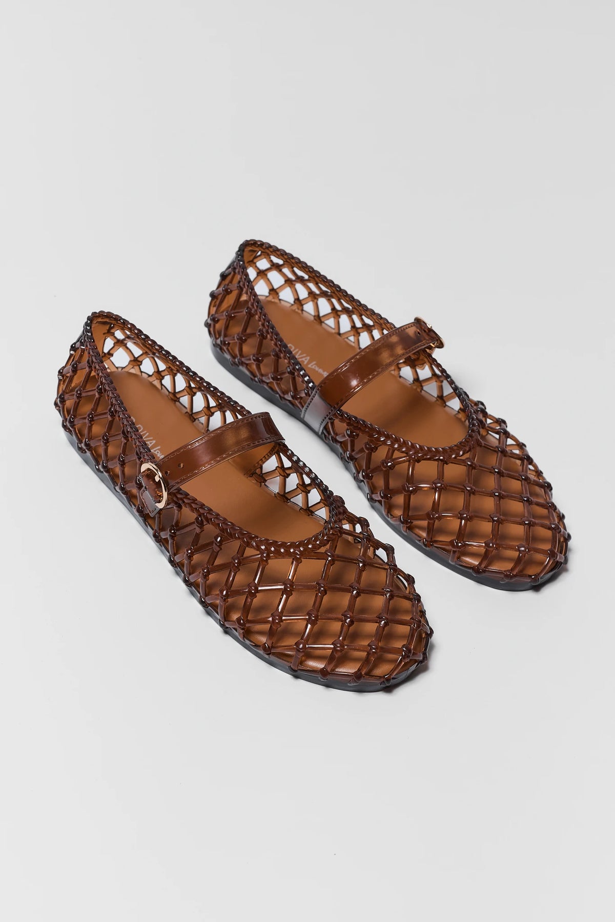 Brown Lattice Jelly Ballet Flats - Angled Pair View | Avara