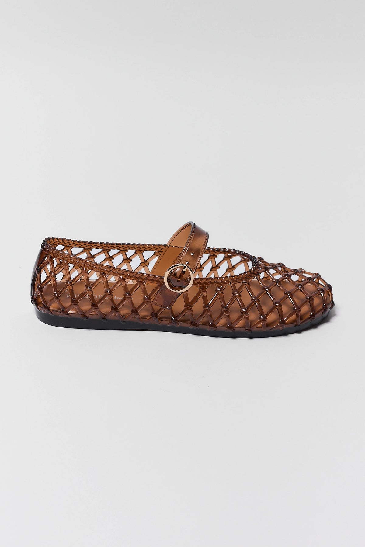 Brown Jelly Lattice Ballet Flat - Side Profile with Gold Buckle | Avara
