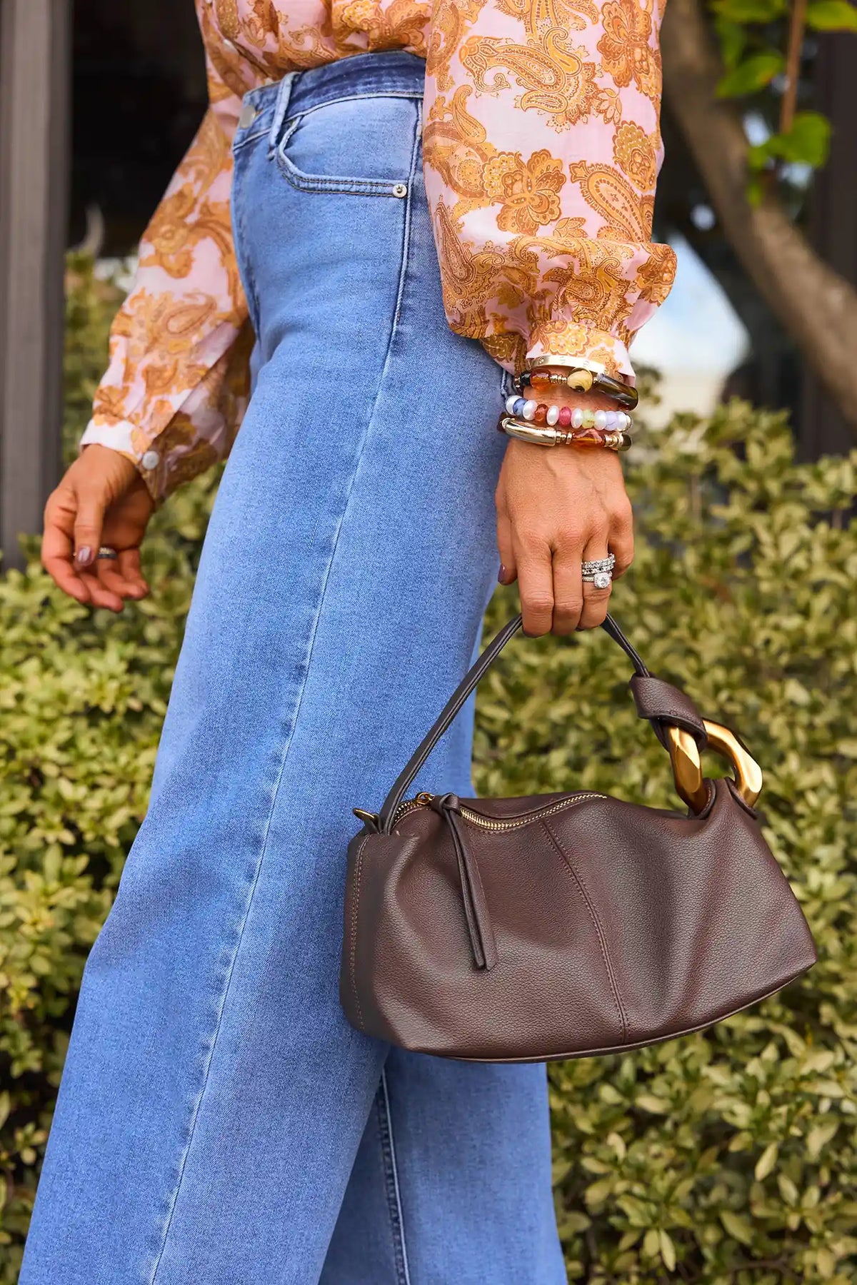 Brown Faux Leather Baguette Bag - On Model with Denim, Styled Look | Avara