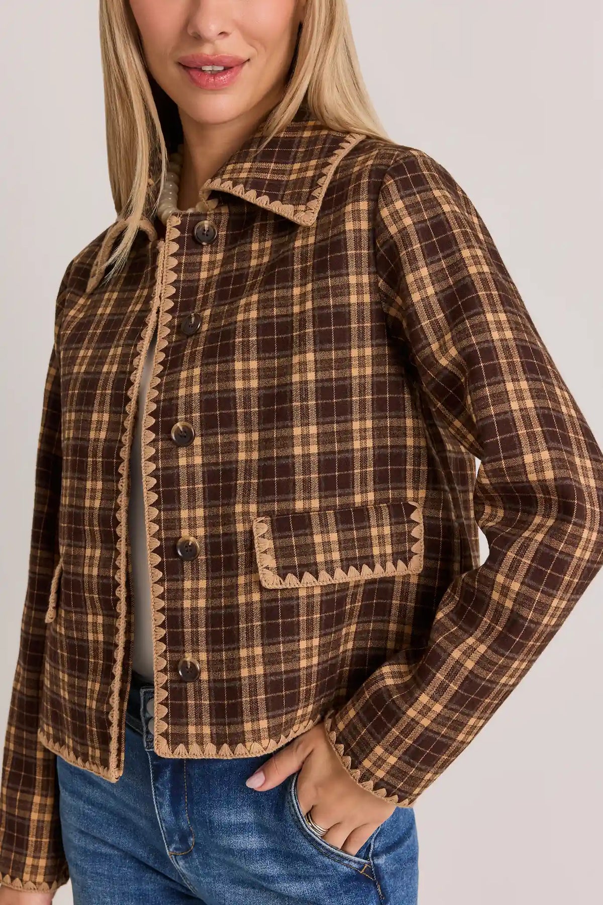 Brown Plaid Cropped Jacket with Embroidered Trim - Close-Up Front Detail | Avara