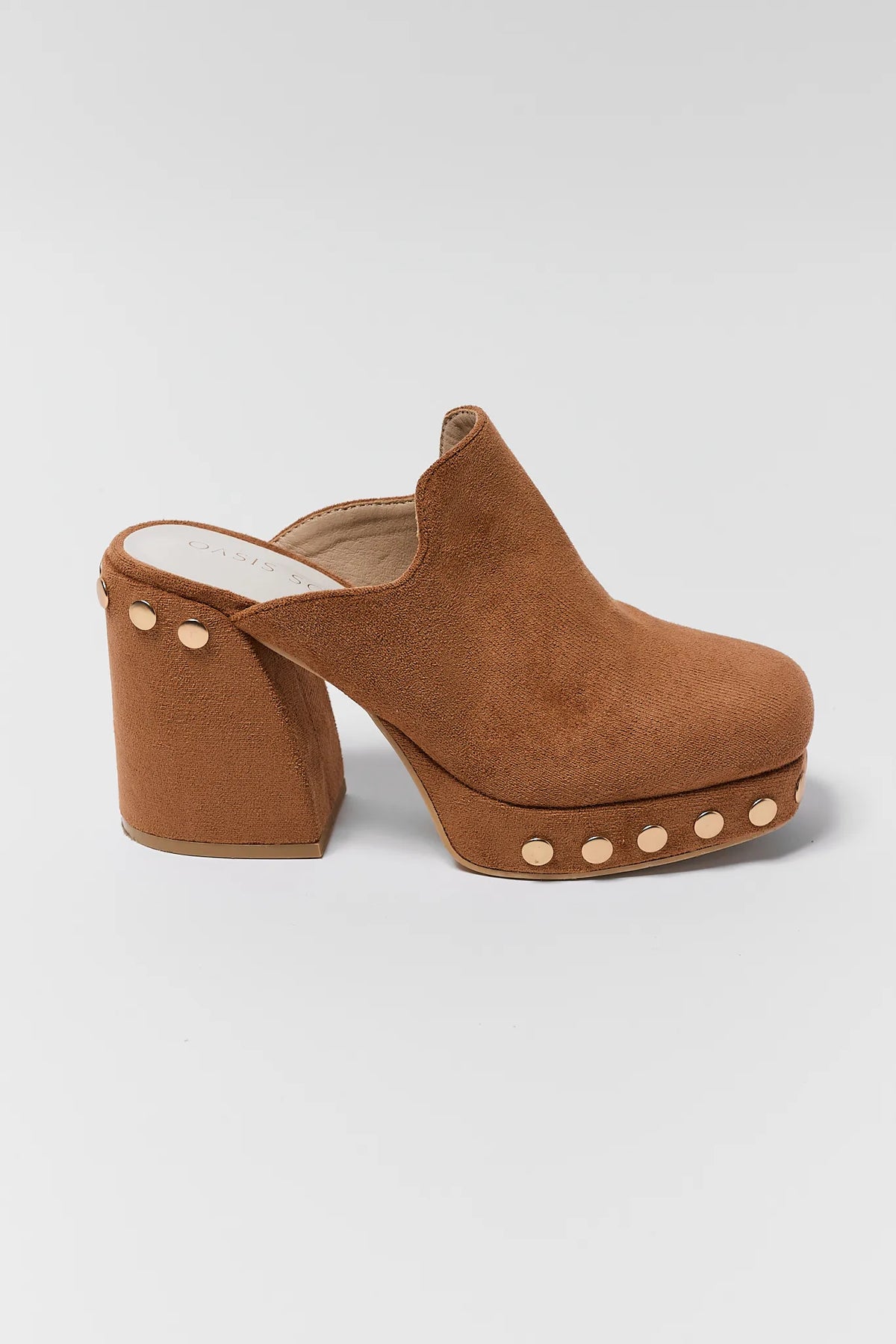 Brown Platform Clog Mule - Side Profile Showing Block Heel and Gold Studs | Avara
