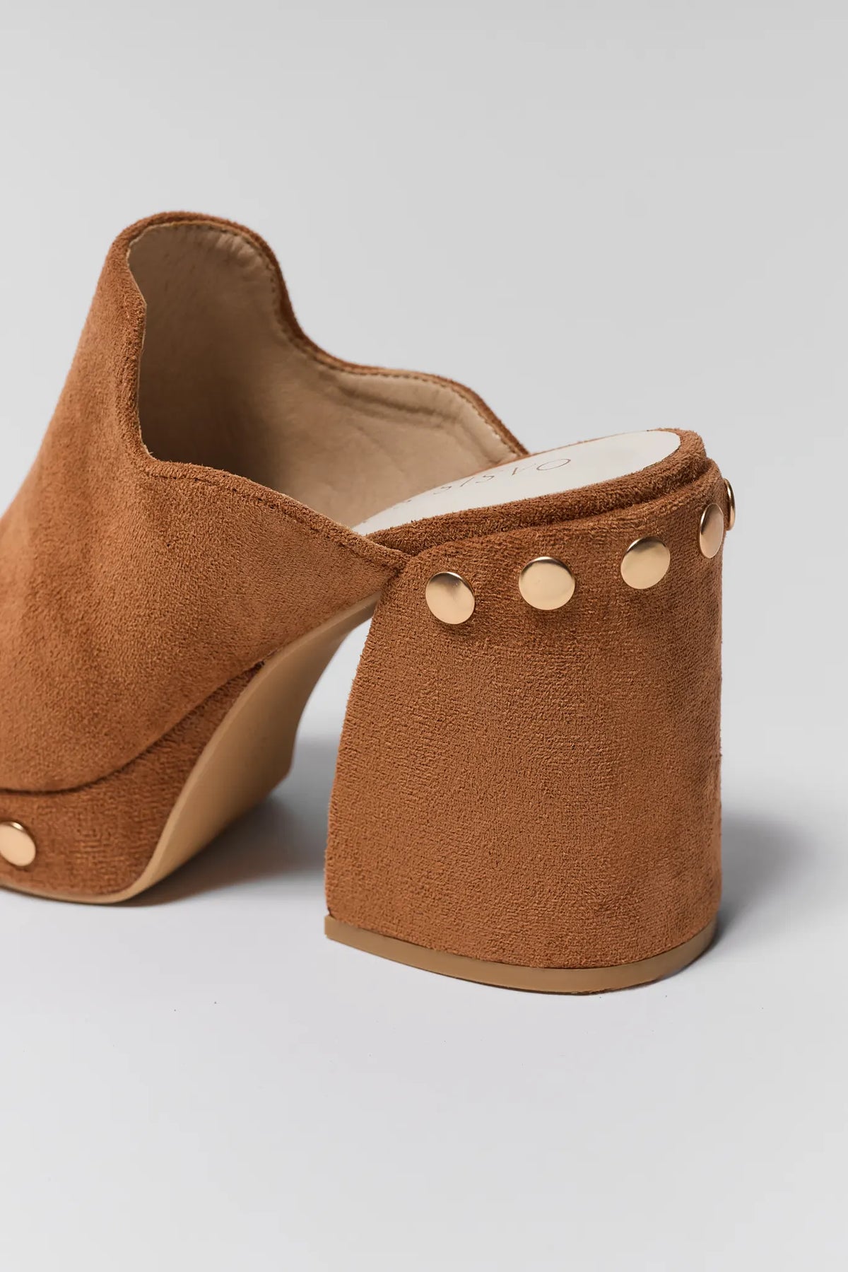 Brown Suede Platform Mule - Back Detail with Gold Stud Hardware and Block Heel | Avara