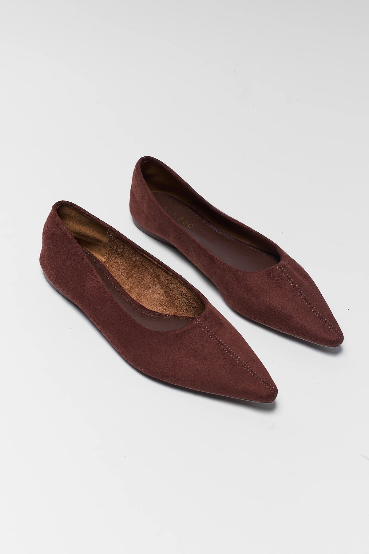 Brown Faux Suede Pointed Ballet Flats - Angled Pair View | Avara