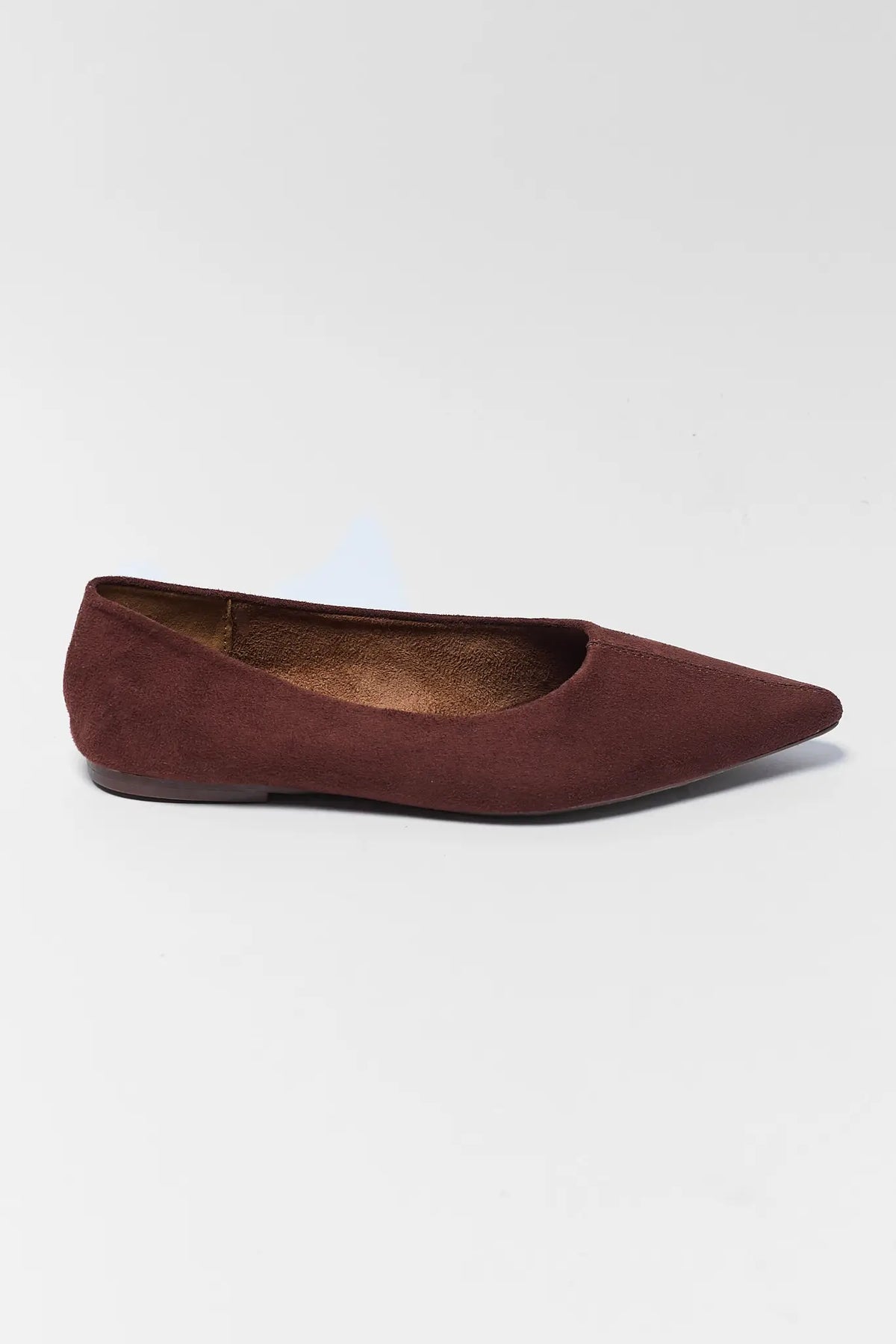 Brown Faux Suede Pointed Toe Ballet Flat - Side Profile View | Avara