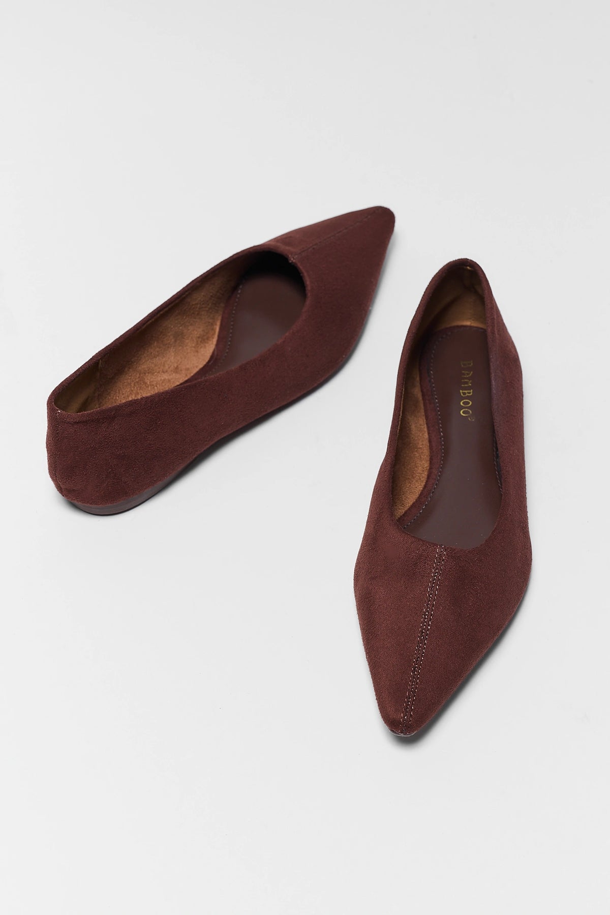 Brown Faux Suede Pointed Toe Ballet Flats - Top Down Pair View | Avara