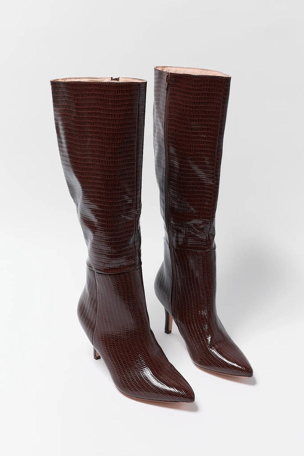 Brown Lizard-Embossed Pointed Toe Knee-High Boots - Front Pair View | Avara