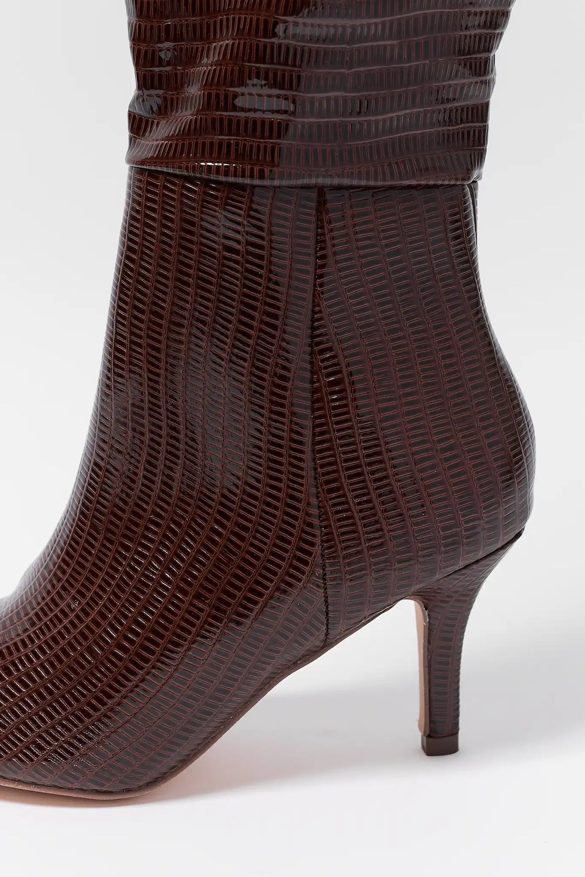 Brown Lizard-Embossed Knee-High Boot - Heel and Texture Detail | Avara